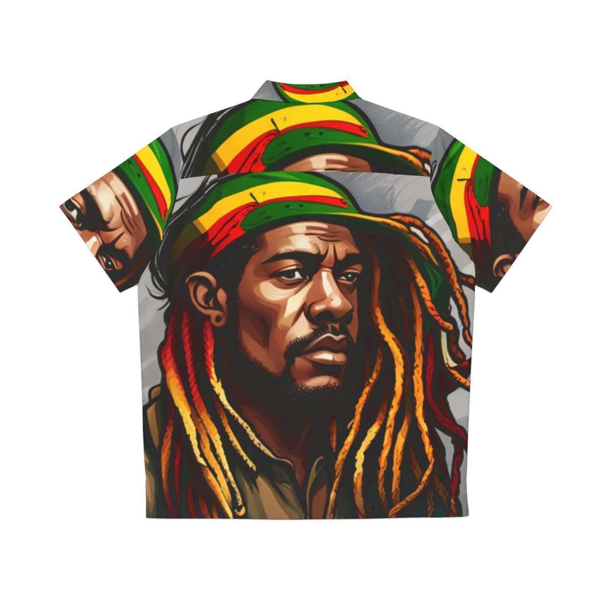 Rastafarian shirts back view in the Hawaiian style with black buttons. Rastaman with dreadlocks and Rasta colors for a relaxed beach style.