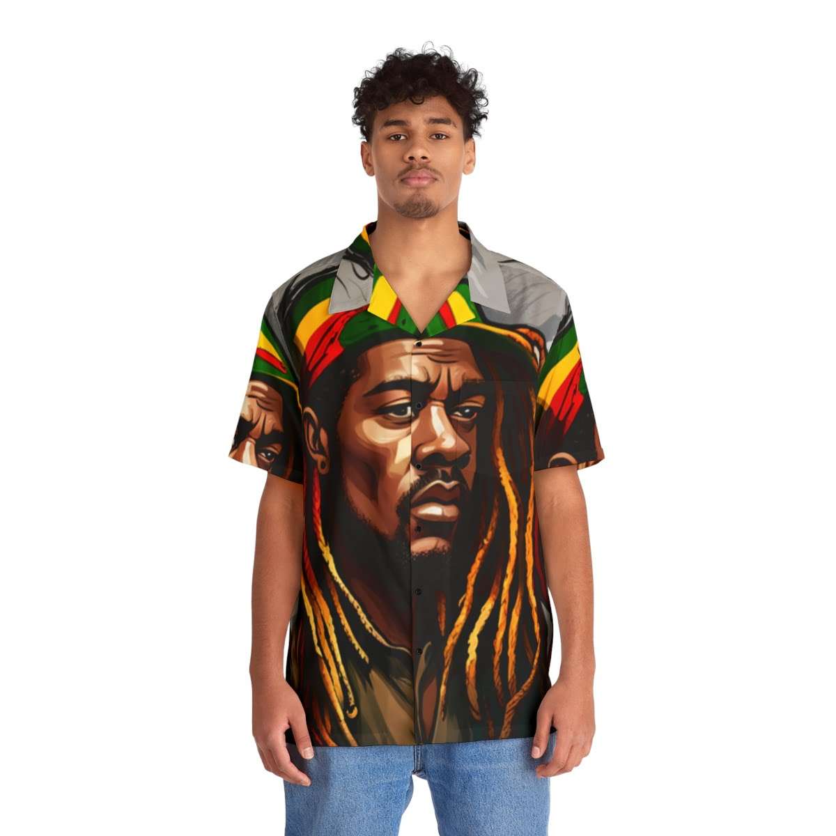 Rastafarian shirts front male model view in the Hawaiian style with black buttons. Rastaman with dreadlocks and Rasta colors for a relaxed beach style.