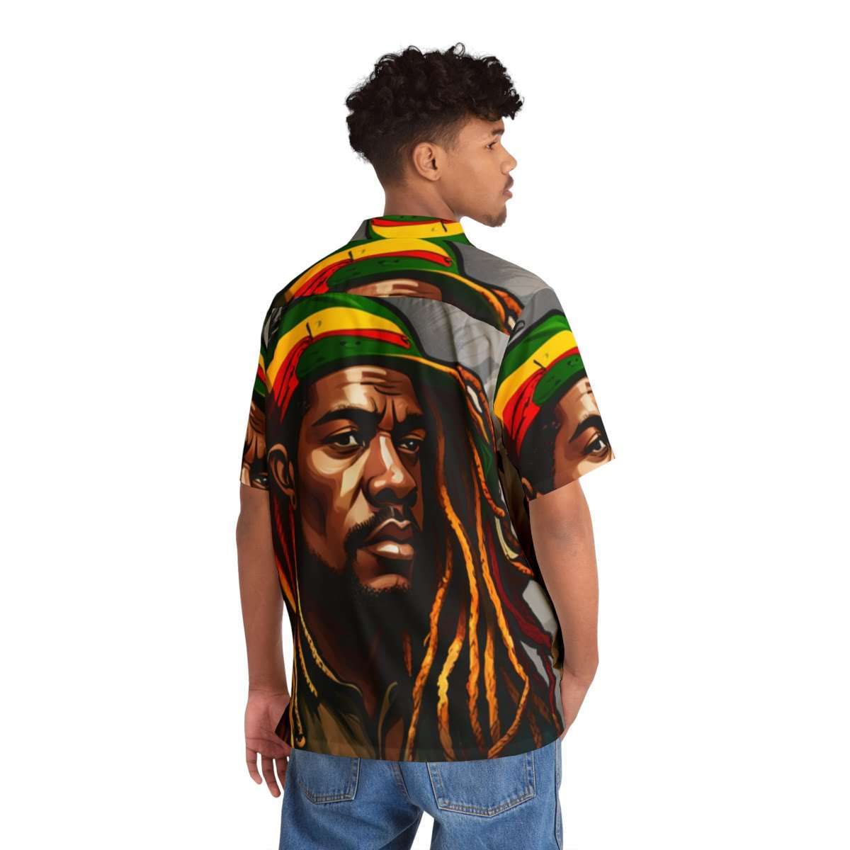 Rastafarian shirts back male model view in the Hawaiian style with black buttons. Rastaman with dreadlocks and Rasta colors for a relaxed beach style.