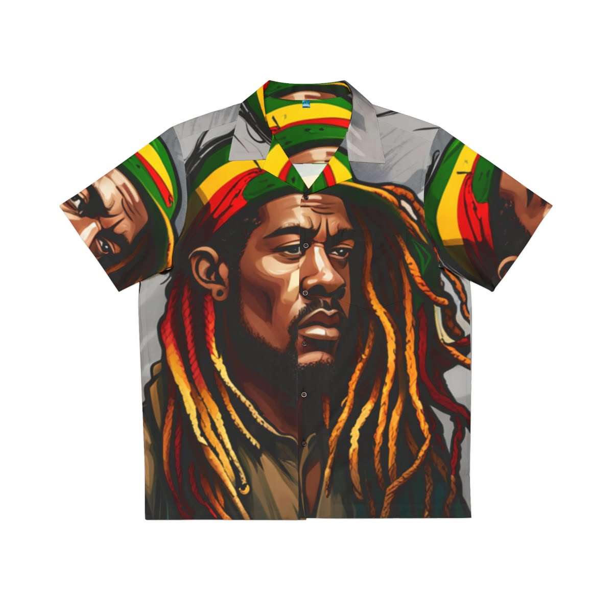 Rastafarian shirts front view in the Hawaiian style with black buttons. Rastaman with dreadlocks and Rasta colors for a relaxed beach style.