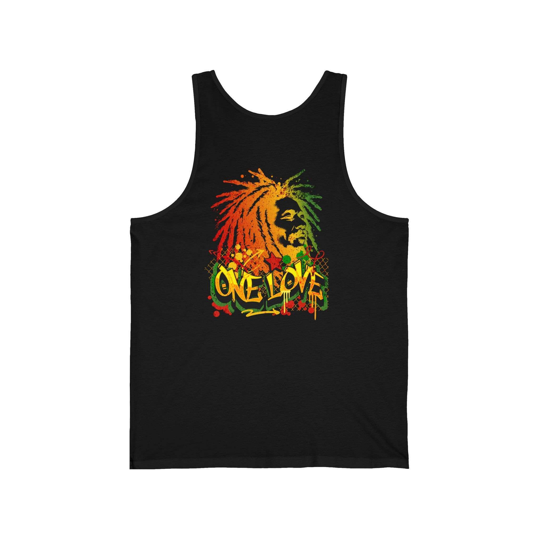Jamaican Tank Tops back view printed on both sides. No problem mon see and blind hear and deaf Jamaica 101. Bob Marly one love on the back. Black or white colors.