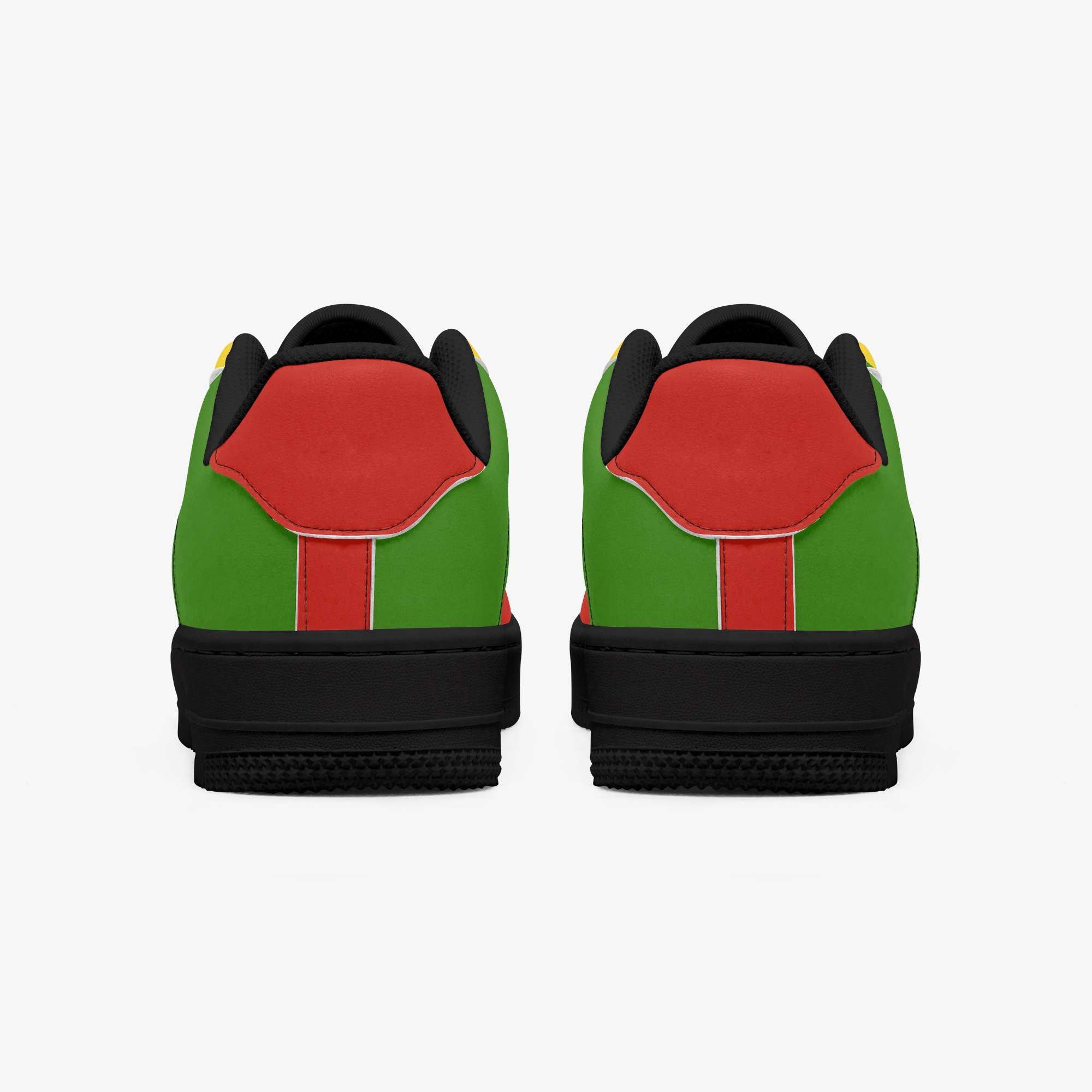 Rastafarian shoes in red gold and green. Sneakers with thick black sole pair back view black trim. Durable and colorful. Rastaseed Brand of merchandise and clothing.