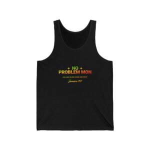 Jamaican Tank Tops front view printed on both sides. No problem mon see and blind hear and deaf Jamaica 101. Bob Marly one love on the back. Black or white colors.