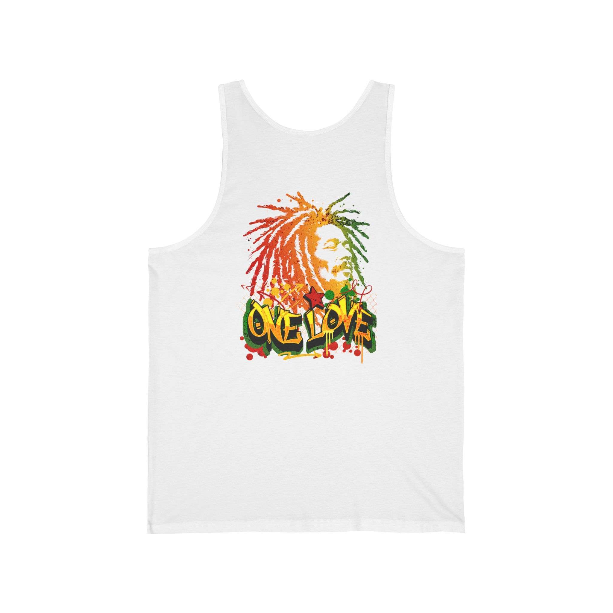 Jamaican Tank Tops white back view printed on both sides. No problem mon see and blind hear and deaf Jamaica 101. Bob Marly one love on the back. Black or white colors.