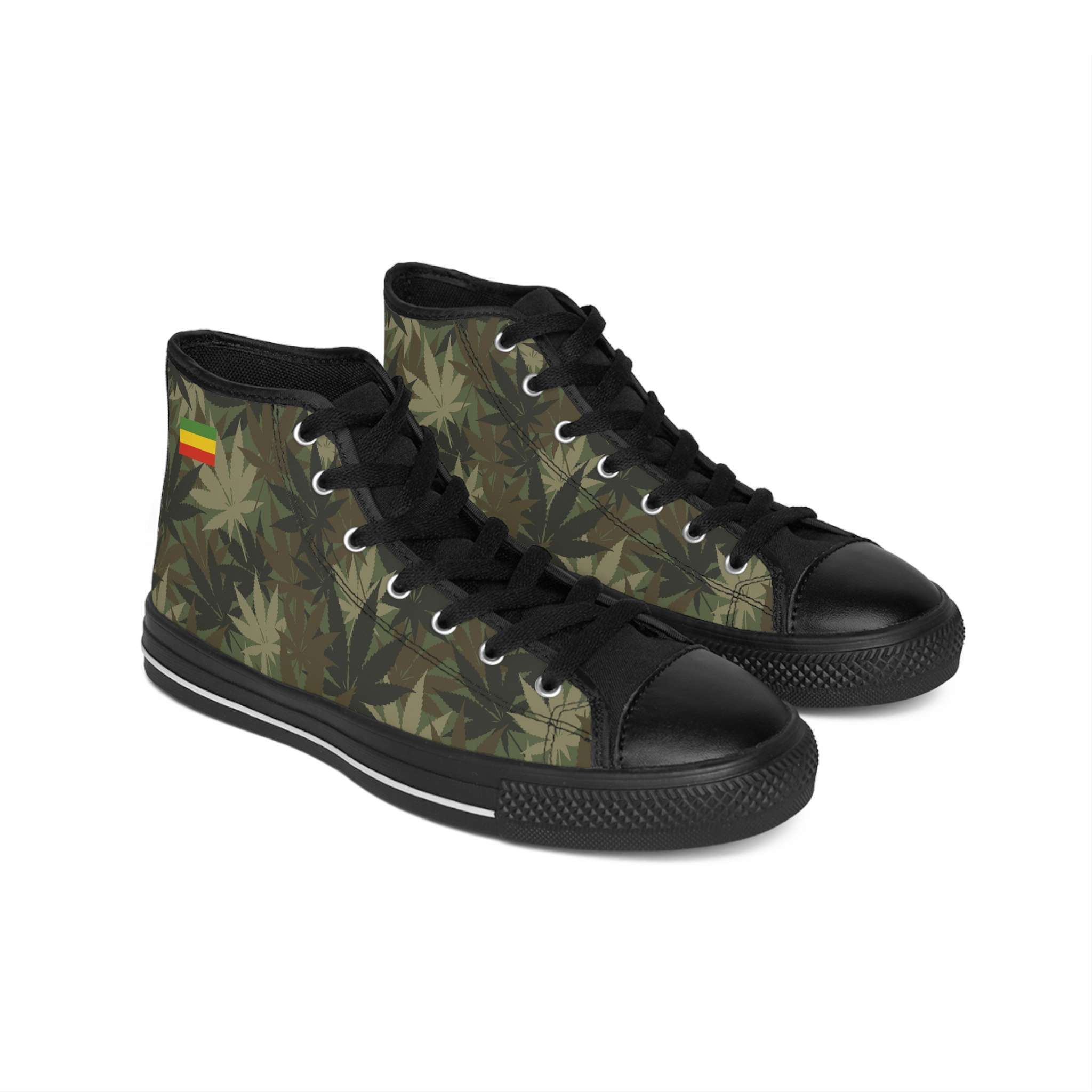 Rasta Hemp Leaf sneakers pair right side view in Cannabis camouflage pattern. Rasta colors trim. Rastaseed Jamaican Rastafarian clothing and merchandise shop.