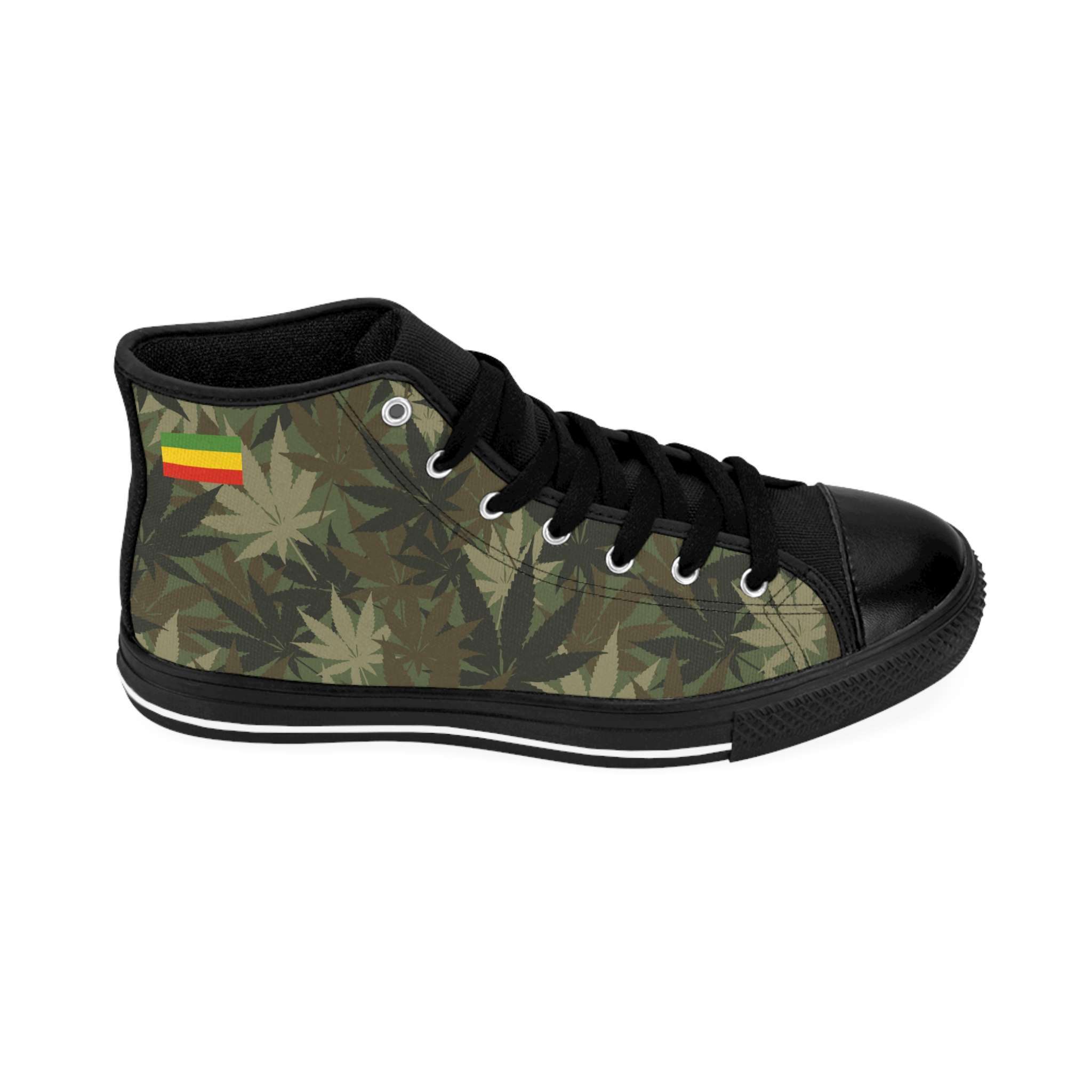 Rasta Hemp Leaf sneakers right outside view in Cannabis camouflage pattern. Rasta colors trim. Rastaseed Jamaican Rastafarian clothing and merchandise shop.