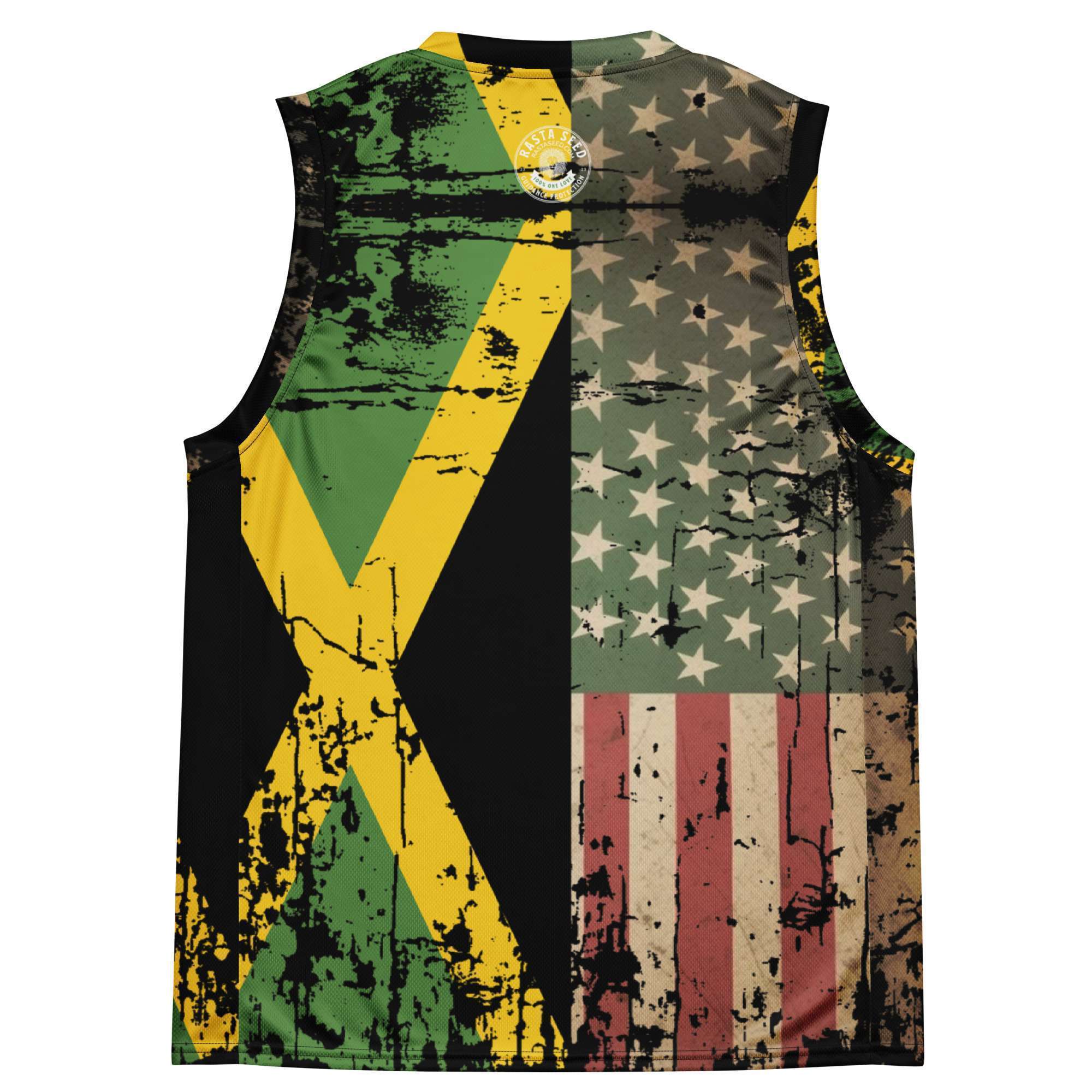 Pan African Jamerican flag back view basketball jersey with Stars and Stripes in Pan African colors and the Jamaican Flag. African American Jamaican design.