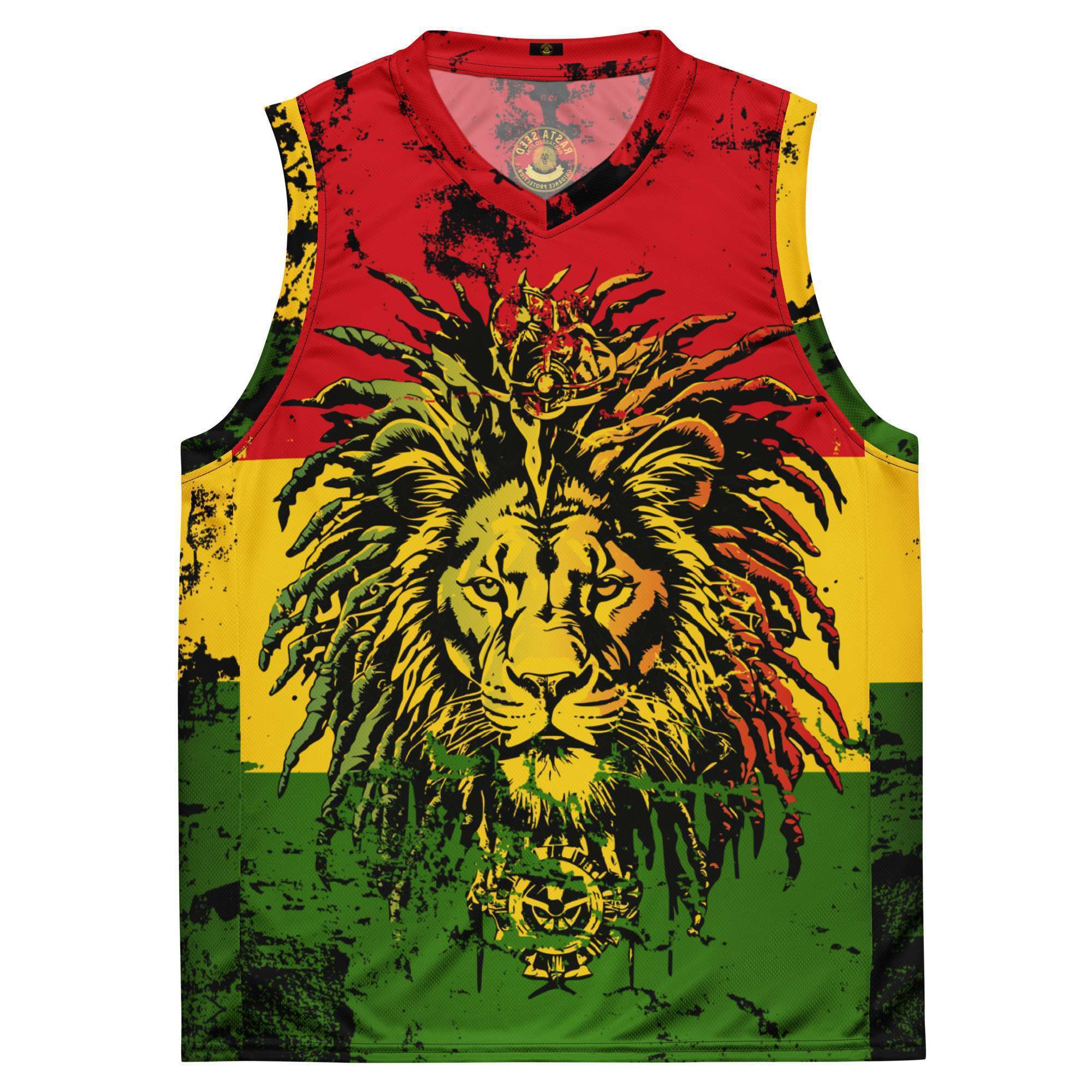 Rasta basketball jersey front view in red gold green with Lion of Judah. Rastaseed original merchandise and clothing. Go Rasta Vechta.