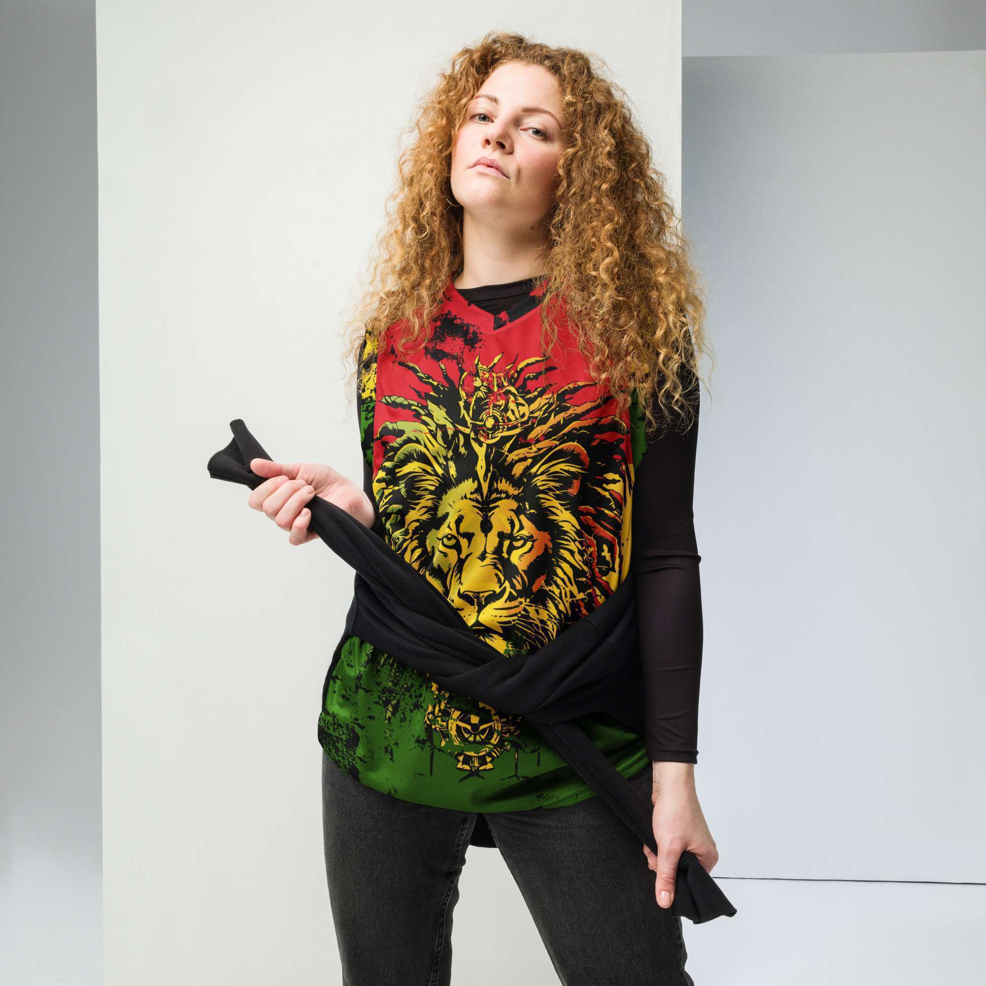 Rasta basketball jersey in red gold green with Lion of Judah.front female model view Rastaseed original merchandise and clothing. Go Rasta Vechta.