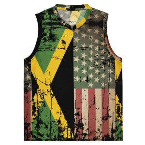 Pan African Jamerican flag basketball jersey front view with Stars and Stripes in Pan African colors and the Jamaican Flag. African American Jamaican design.