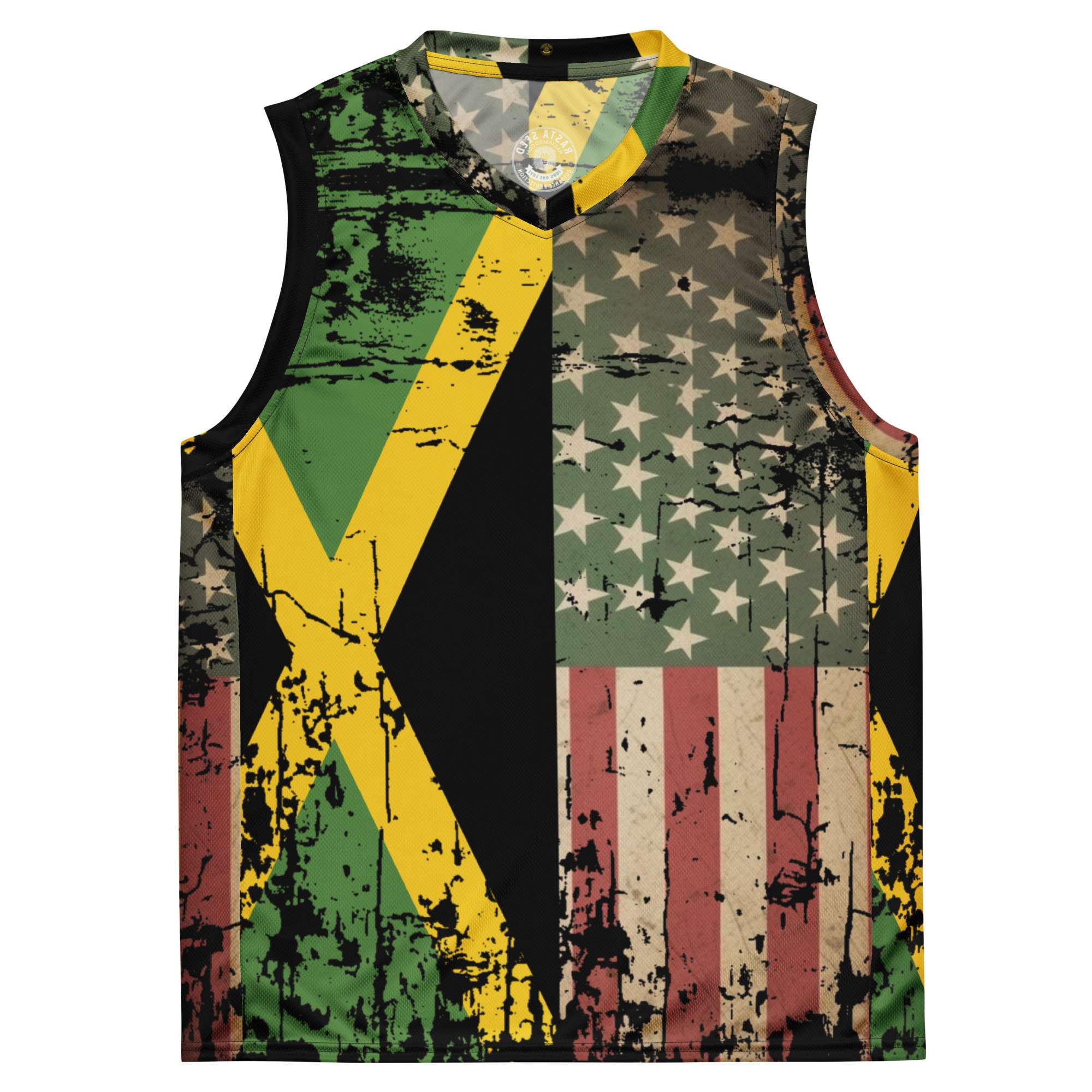 Pan African Jamerican flag basketball jersey front view with Stars and Stripes in Pan African colors and the Jamaican Flag. African American Jamaican design.