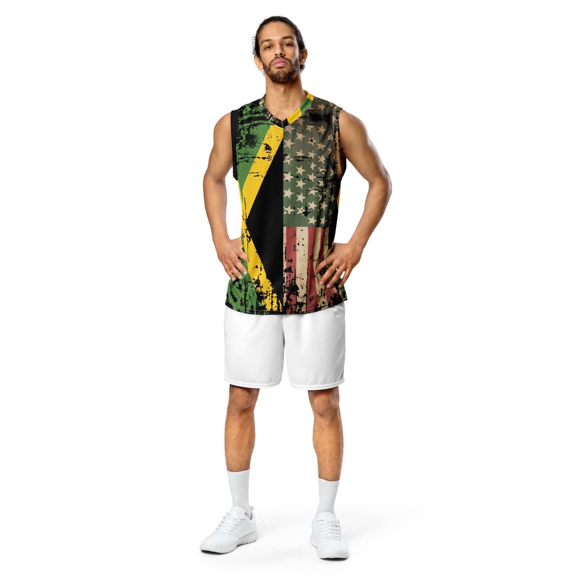 Pan African Jamerican flag basketball jersey male model front view with Stars and Stripes in Pan African colors and the Jamaican Flag. African American Jamaican design.