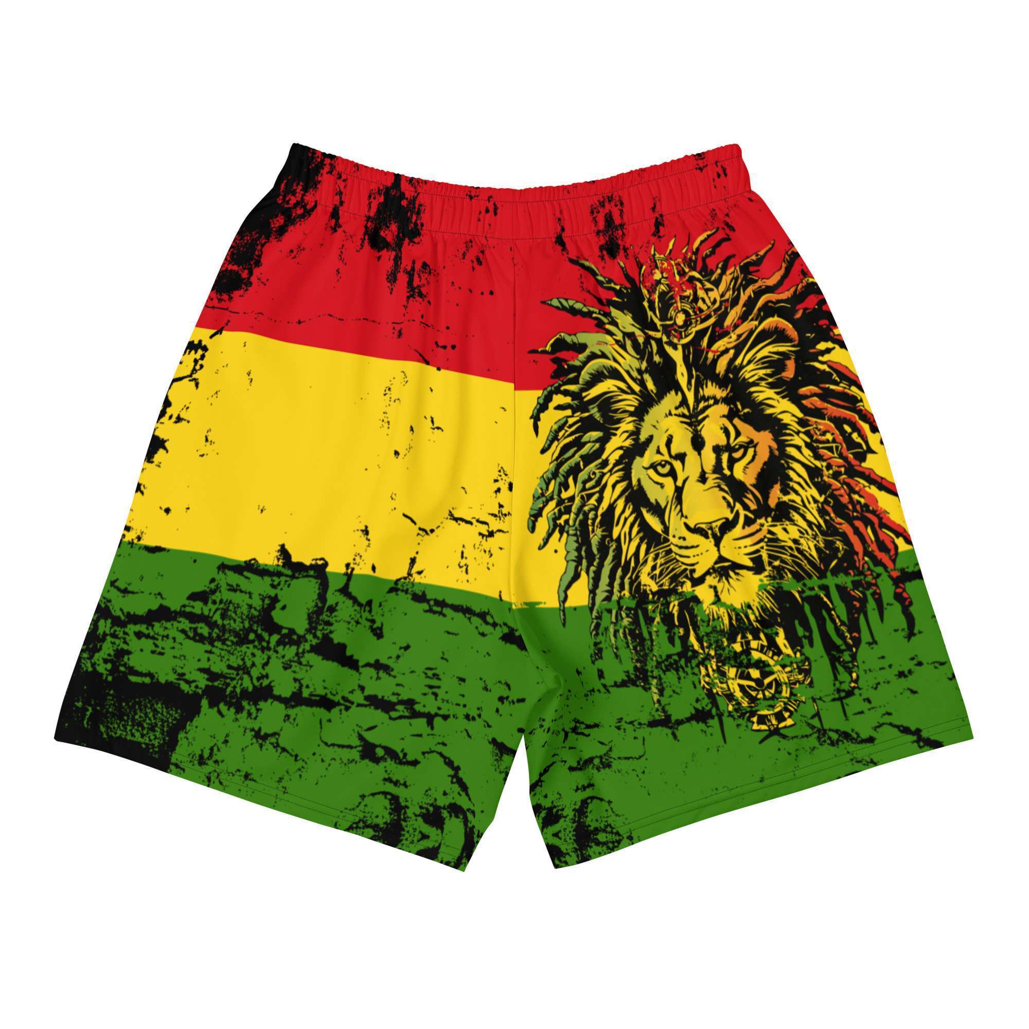 Jamaican shorts in the red gold and green with Lion and No Problem Mon back view. Small to large sizes in a unisex design. Rastaseed original merchandise.