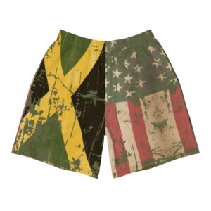 Jamaican Swim Trunks with Afro American Flag and Jamaican Flag. Retro Grungy style at Rastaseed Rastafarian Merchandise and Clothing Store.