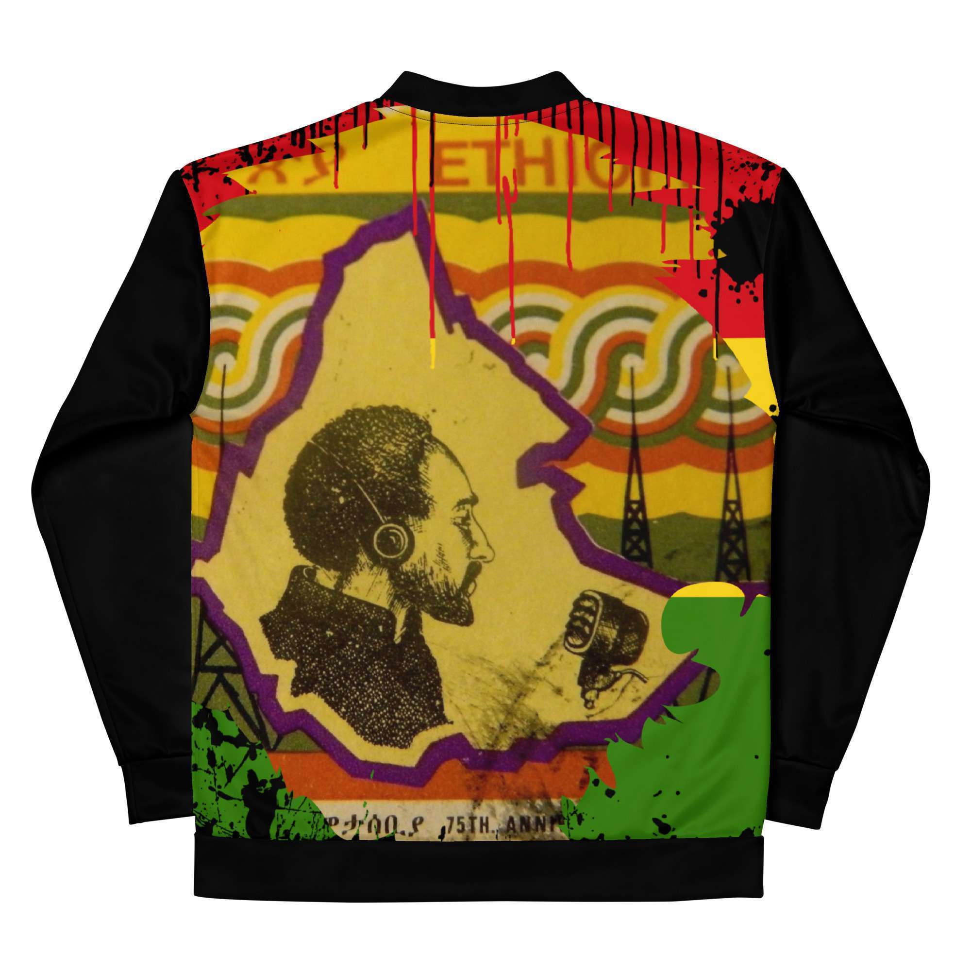 Selassie I Bomber Jacket back view in Rasta colors. Polyester, fleece inside, metal zip and two front pockets. Rastaseed original Reggae merchandise.