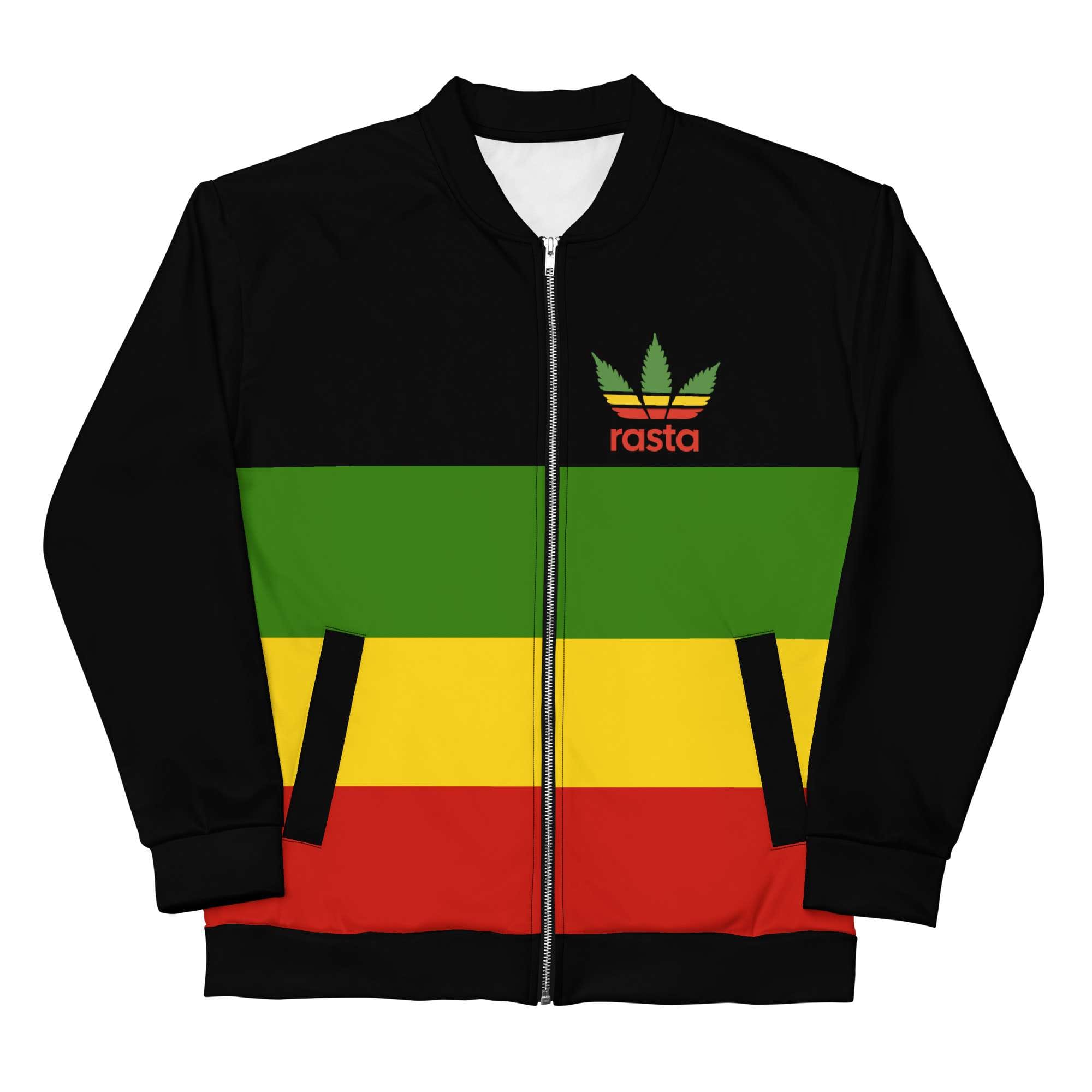 Rasta Bomber Jacket front view in the Rasta colors. Polyester, fleece inside, metal zip and two front pockets. Rastaseed original Rastafarian merchandise.
