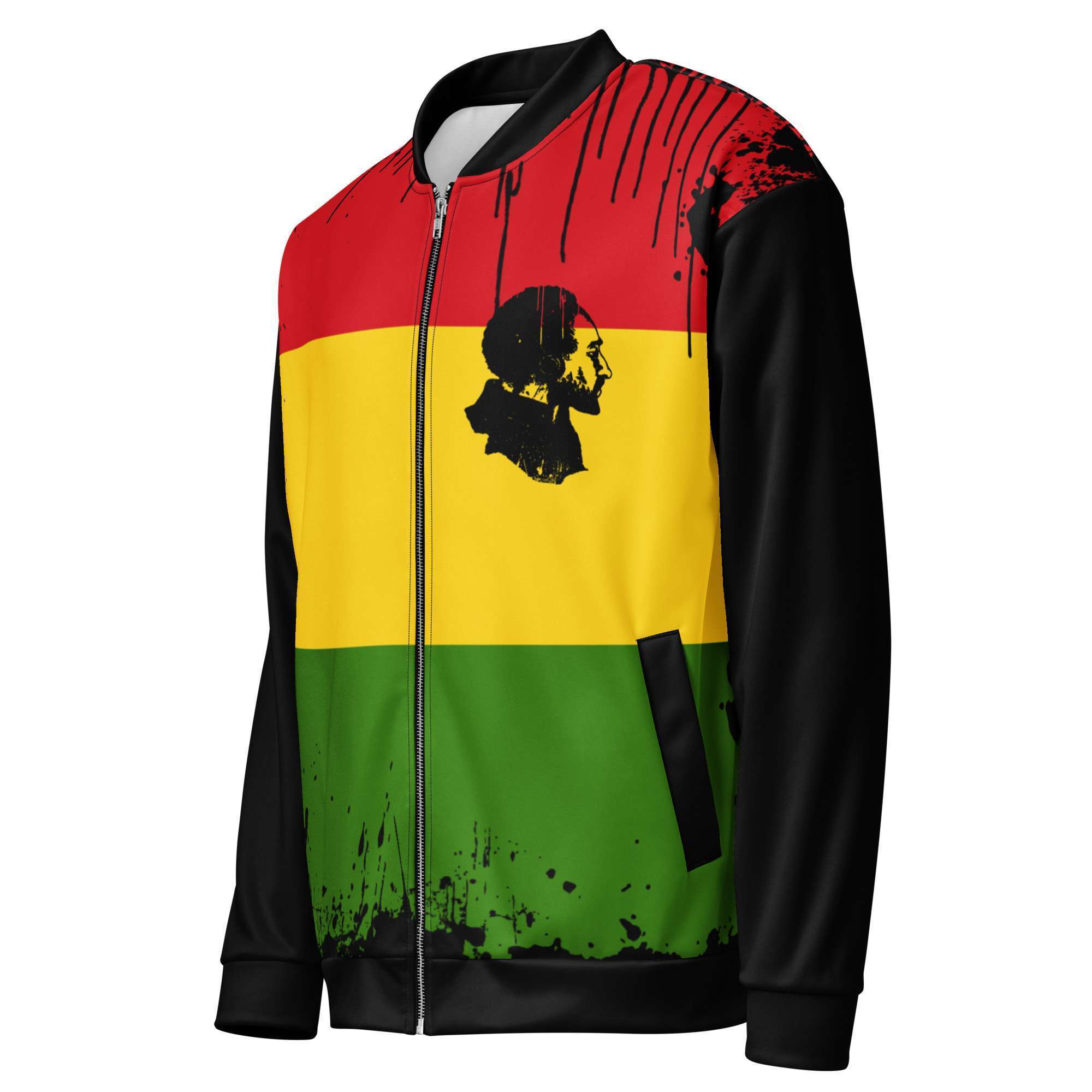 Selassie I Bomber Jacket side front view in Rasta colors. Polyester, fleece inside, metal zip and two front pockets. Rastaseed original Reggae merchandise.