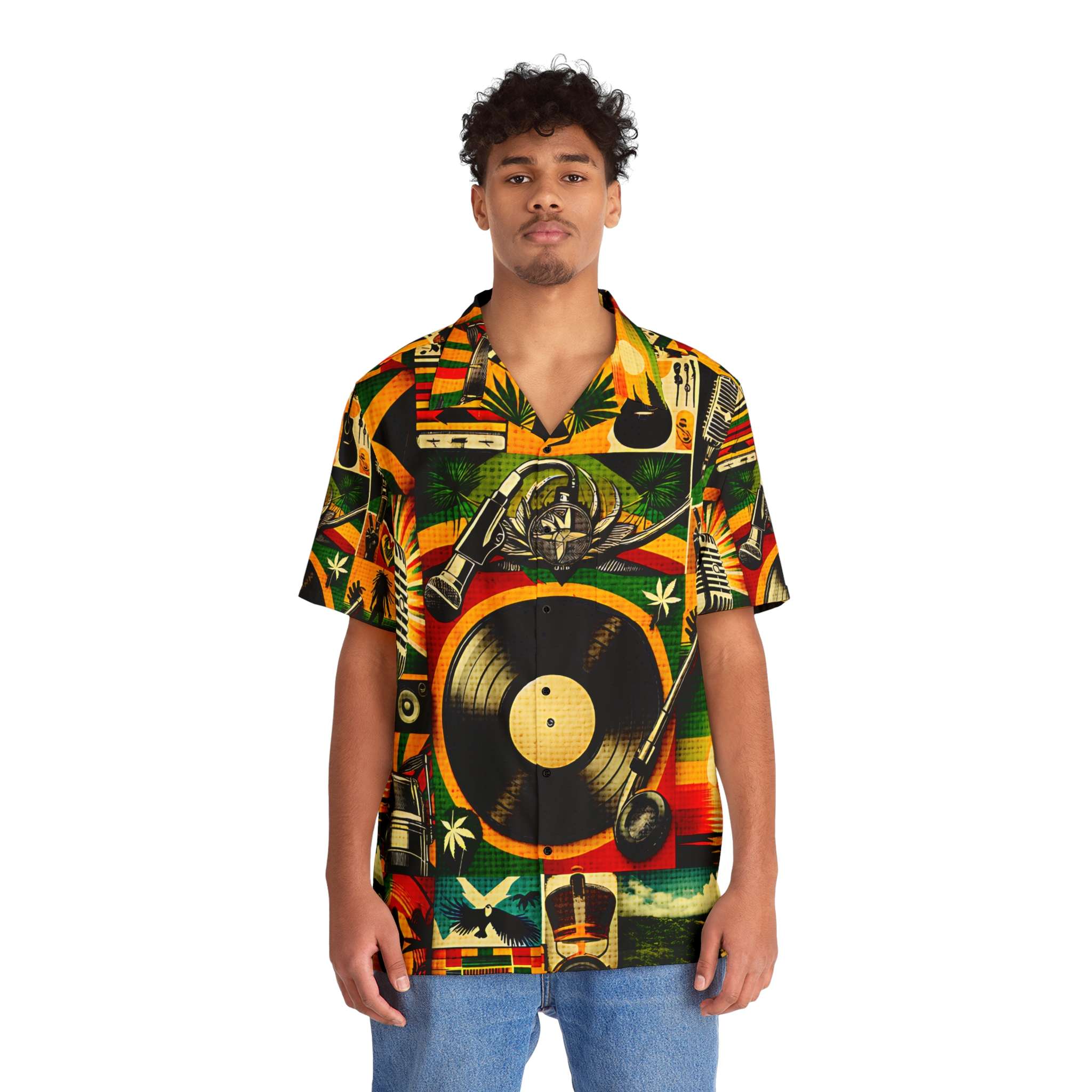 Reggae shirt front model view in red gold and green. Irie one drop design with reggae symbols. Rasta merchandise and clothing at Rastaseed.com