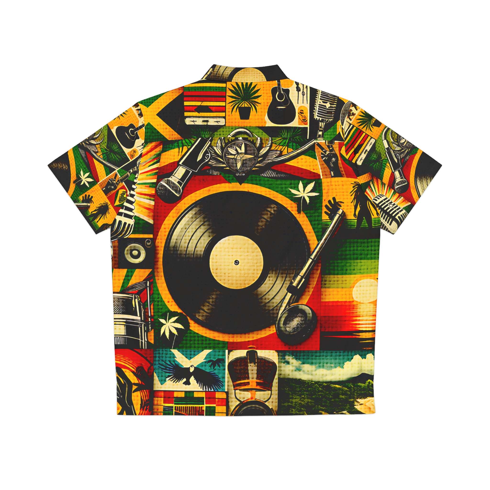 Reggae shirt back view in red gold and green. Irie one drop design with reggae symbols. Rasta merchandise and clothing at Rastaseed.com
