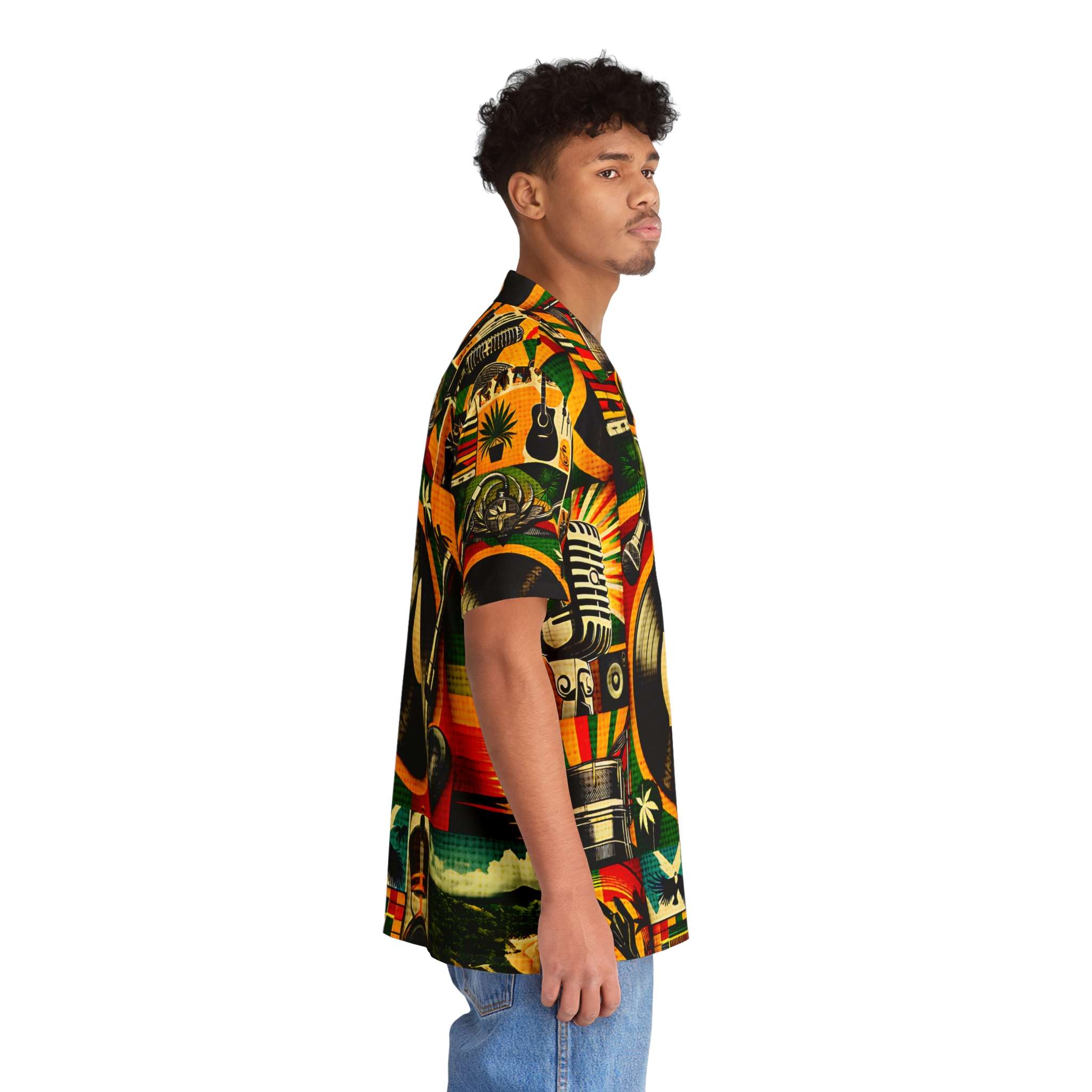 Reggae shirt right side model view in red gold and green. Irie one drop design with reggae symbols. Rasta merchandise and clothing at Rastaseed.com