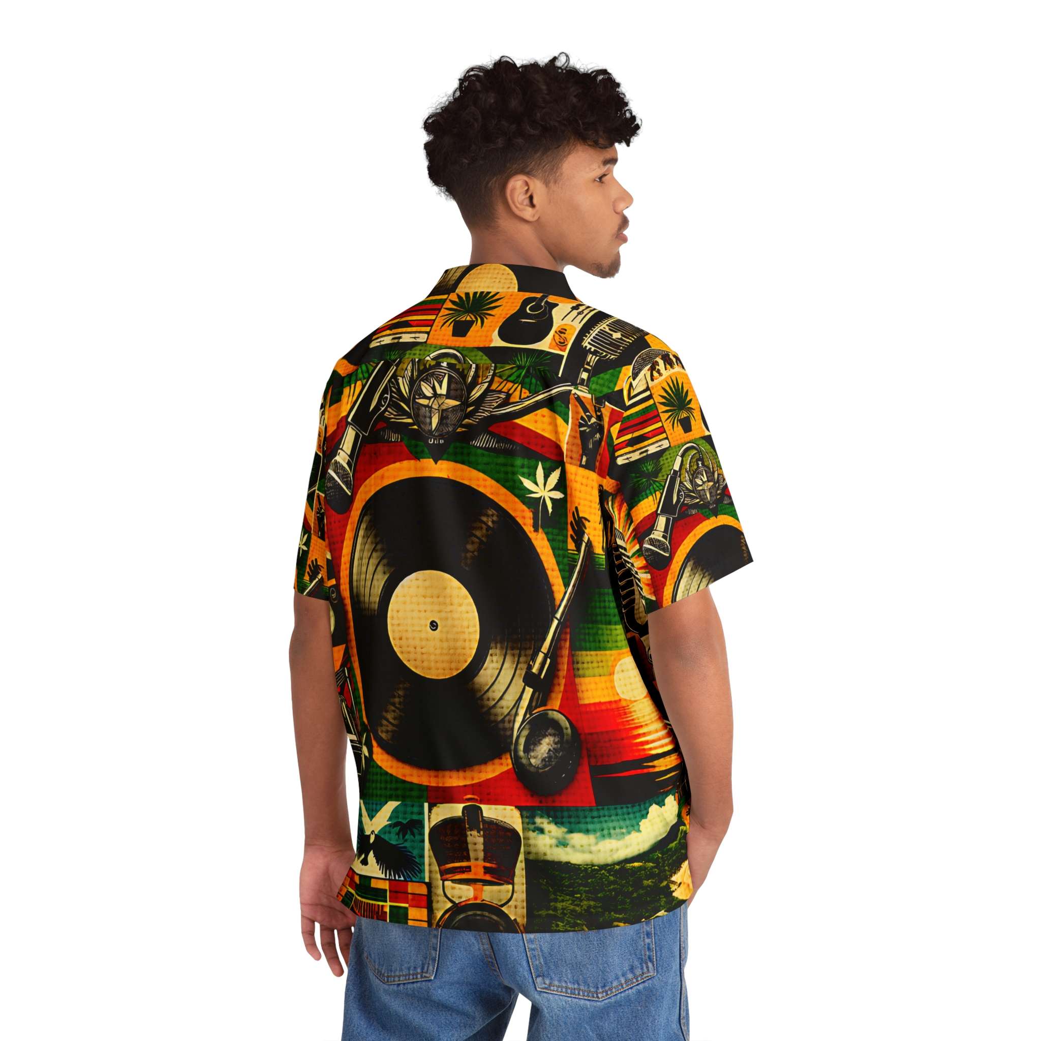 Reggae shirt back model view in red gold and green. Irie one drop design with reggae symbols. Rasta merchandise and clothing at Rastaseed.com