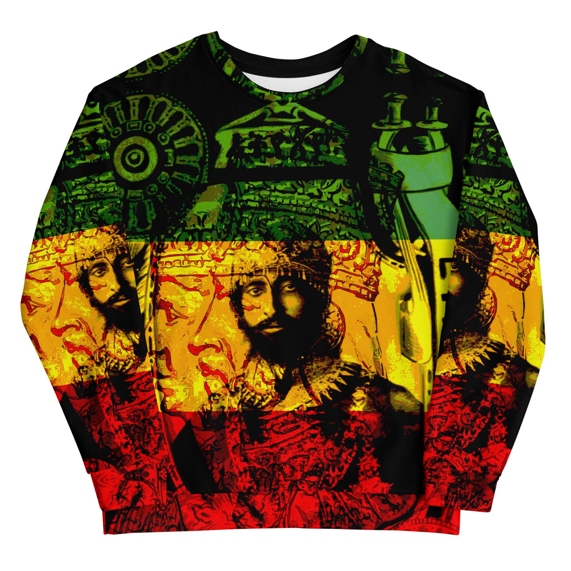 Haile Selassie Sweatshirt front view in red gold green and black. Emperor of Ethiopia. Rasta merchandise and clothing at Rastaseed.com