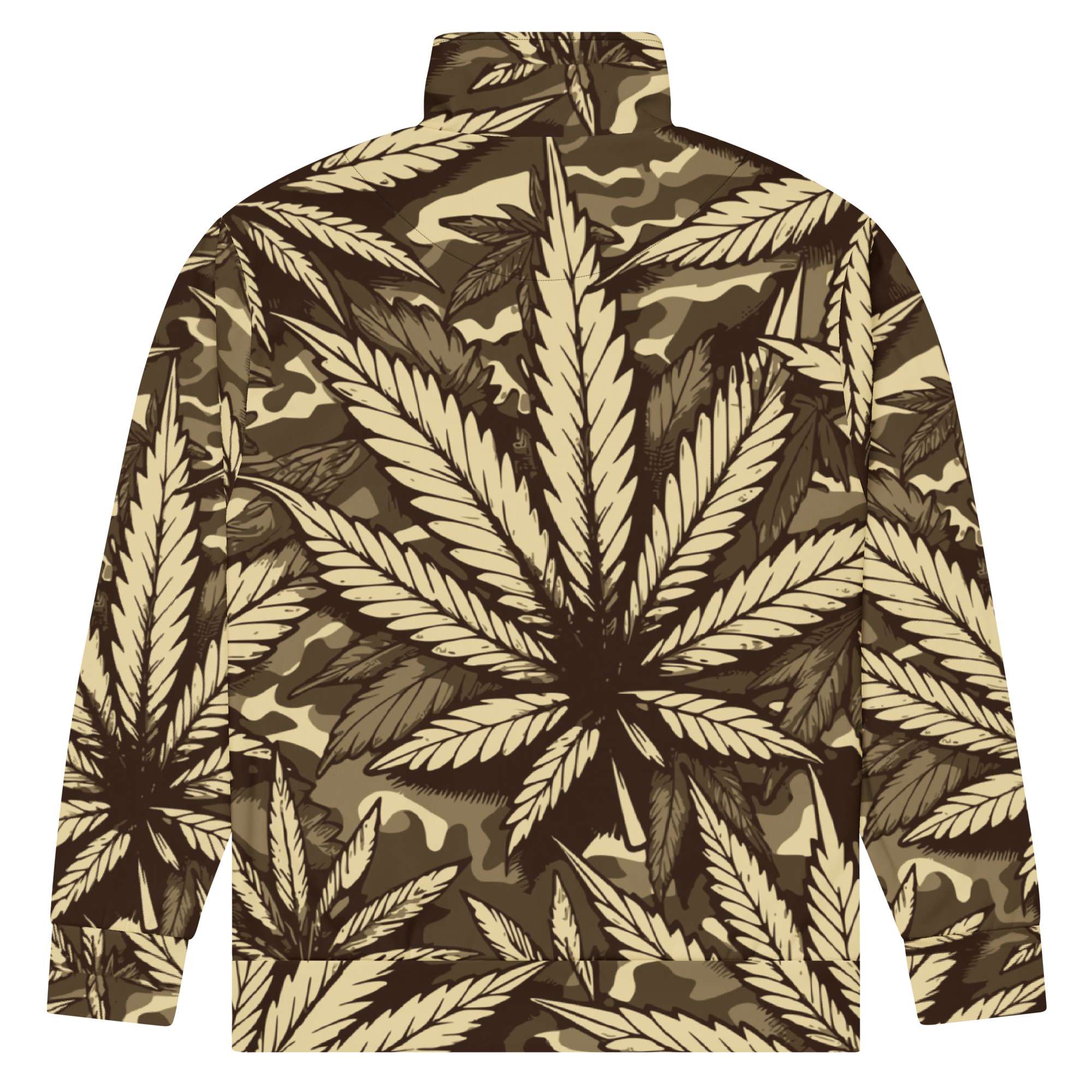 Hemp Unisex track jacket back view in camouflage design with muted colors. Great for an early morning run or training session. Rastaseed brand merchandise.
