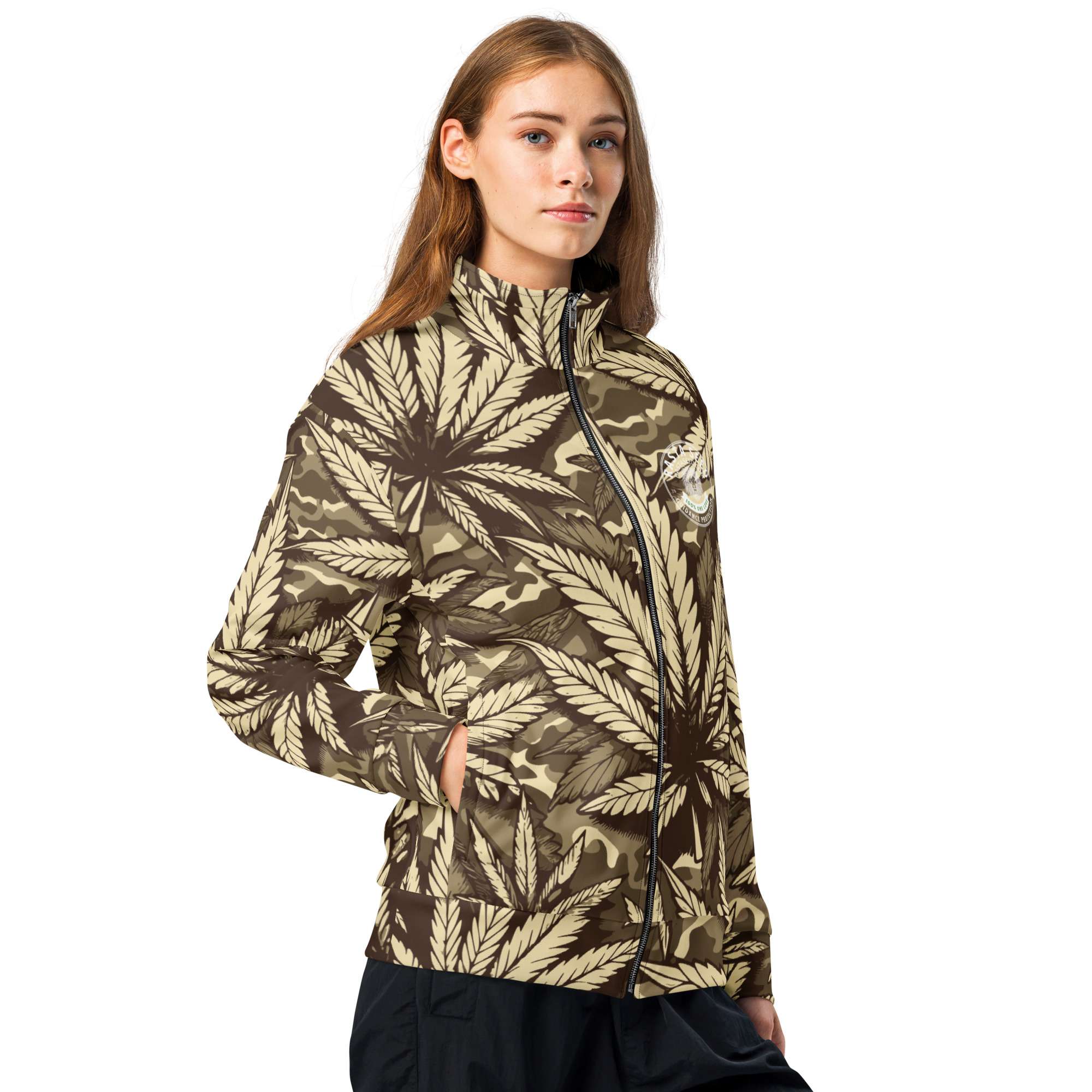 Hemp Unisex track jacket front side model view in camouflage design with muted colors. Great for an early morning run or training session. Rastaseed brand merchandise.