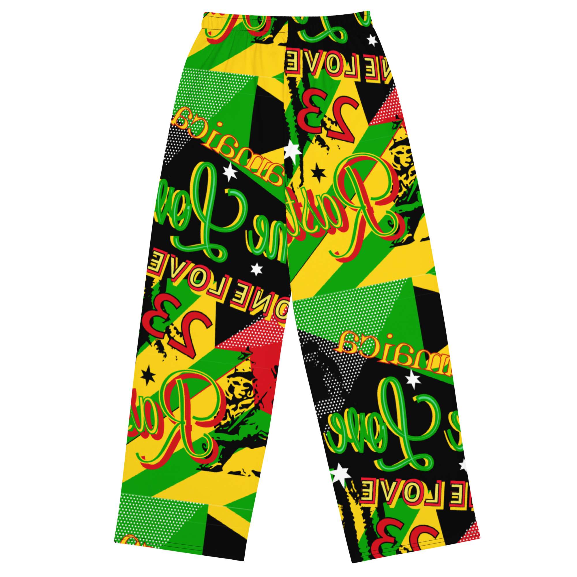 Rasta Reggae Party Wide Leg Pants back view in Jamaican and Rastafarian pattern featuring Reggae colors and One Love. Rastaseed brand merchandise.
