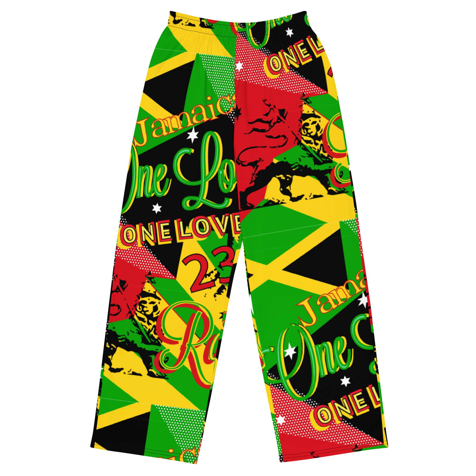 Rasta Reggae Party Wide Leg Pants front view in Jamaican and Rastafarian pattern featuring Reggae colors and One Love. Rastaseed brand merchandise.