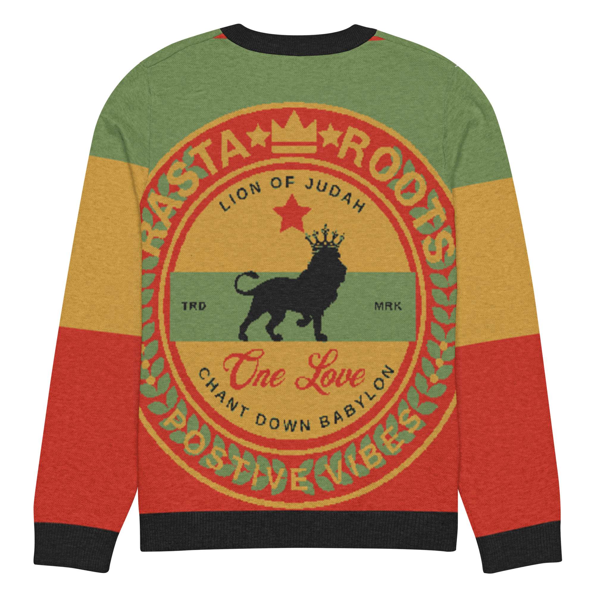 Rasta Pullover soft knitted crew neck in Rastafarian colors back view 3XS. Lion of Judah and One Love at Rastaseed Brand Reggae Clothing.