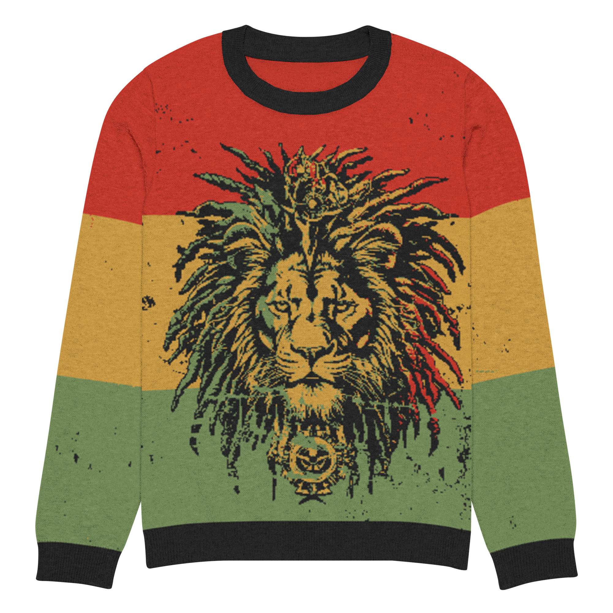Rasta sweater in red gold green and black featuring the Lion of Judah. Soft knit made from 55% cotton. Rastaseed Reggae and Rasta jumpers and knits.