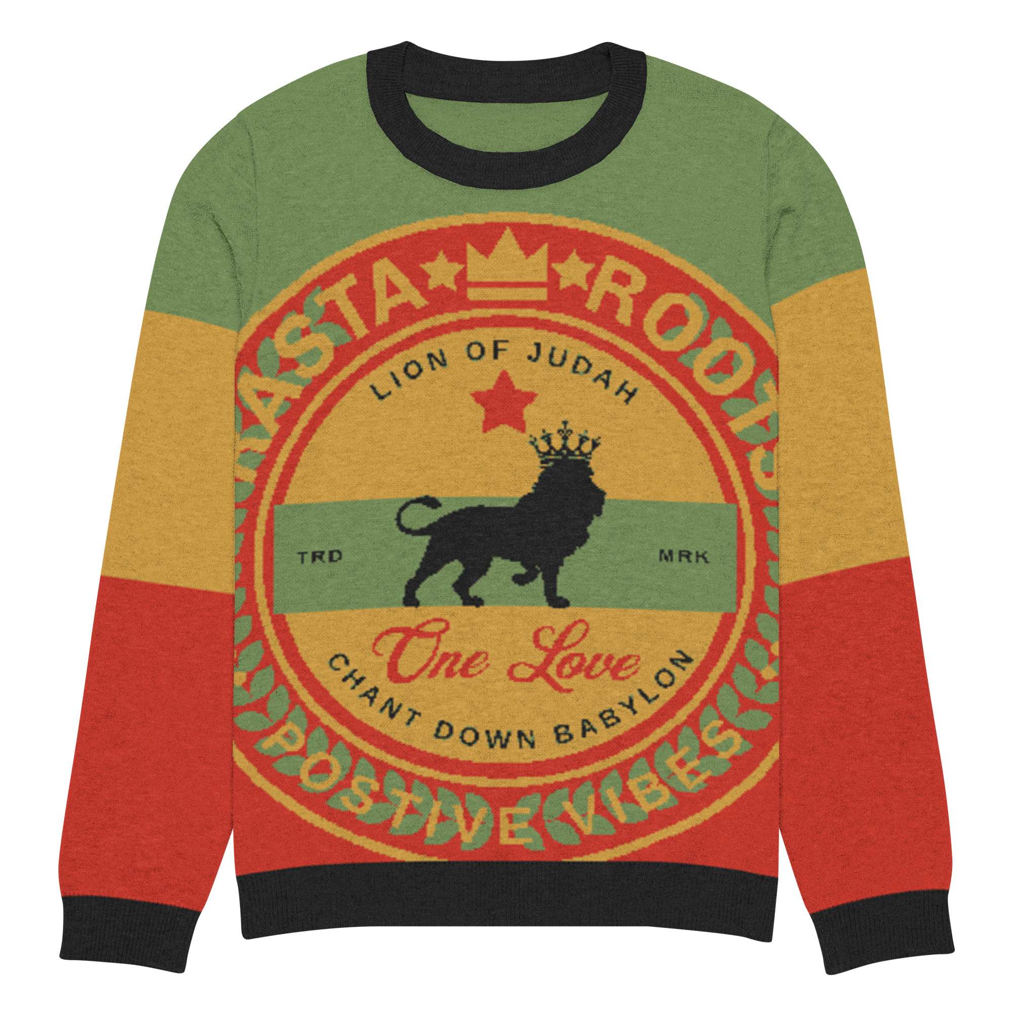 Rasta Pullover soft knitted crew neck in Rastafarian colors front view 3XS. Lion of Judah and One Love at Rastaseed Brand Reggae Clothing.