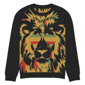 Rasta Cool Lion Sweater 3xs front in red gold and green with black base color. Rasta Seed original Rastafarian merchandise and clothing.