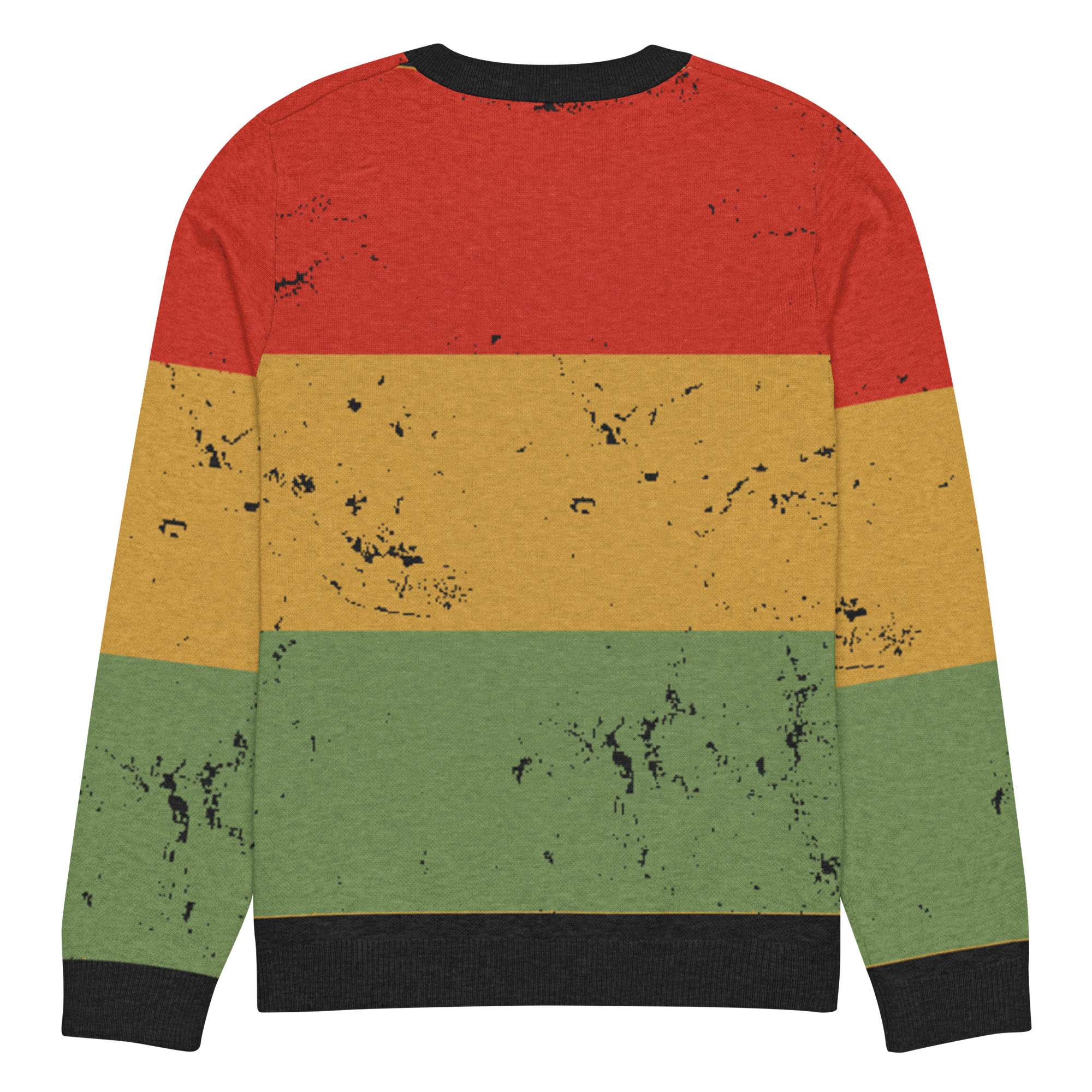 Rasta sweater back view in red gold green and black. Soft knit made from 55% cotton. Rastaseed original Reggae and Rasta jumpers and knits.