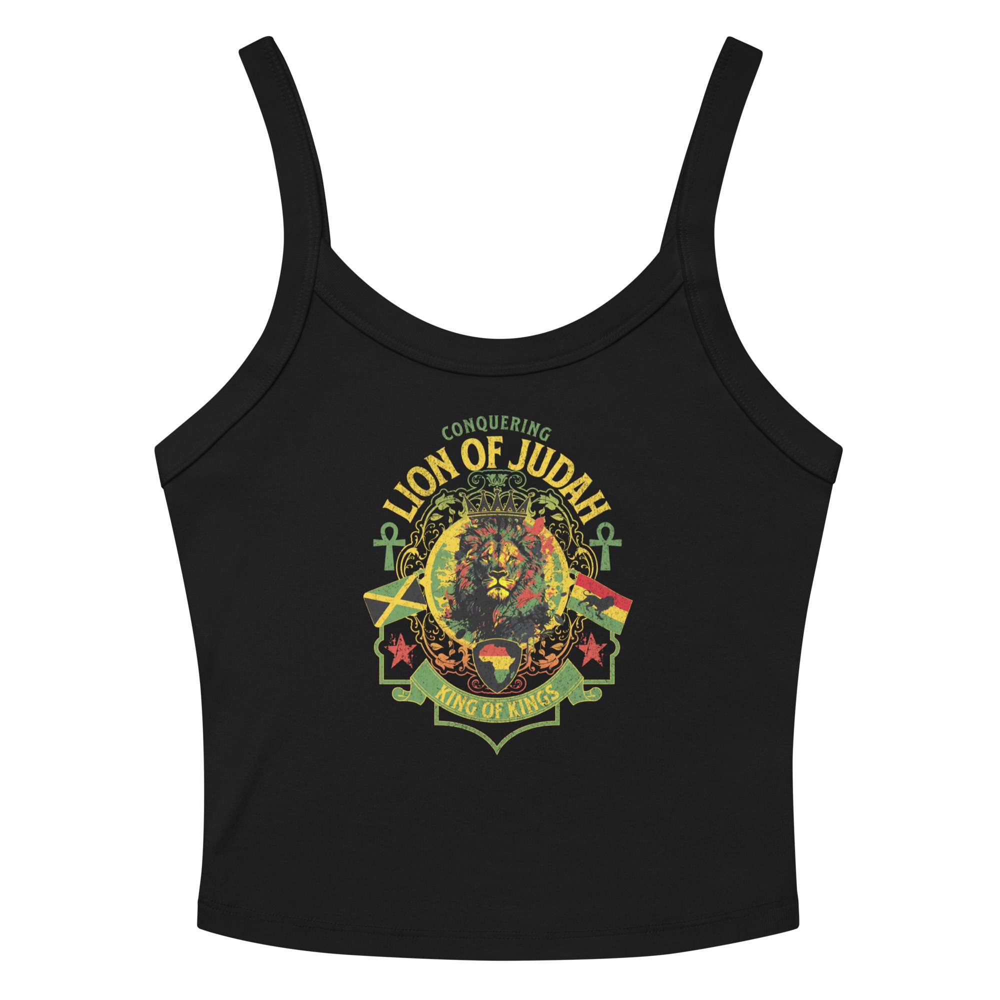 Lion of Judah Merch - Conquering Rasta Lion Tank in black front view. Rastaseed brand original Rastafarian Jamaican and Reggae merchandise.