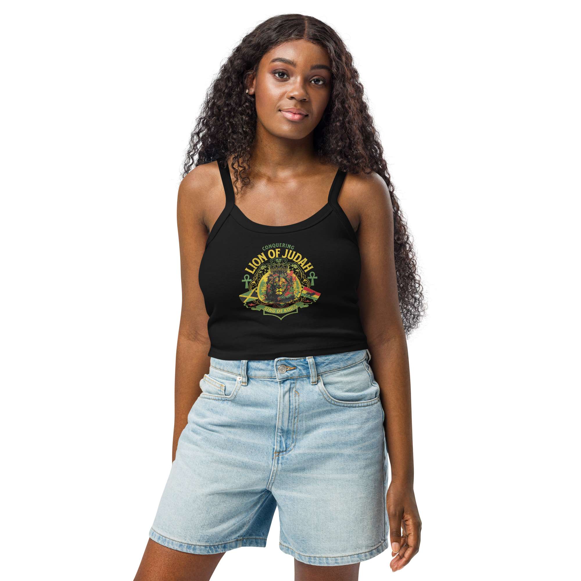 Lion of Judah Merch - Conquering Rasta Lion Tank in black front mocel view. Rastaseed brand original Rastafarian Jamaican and Reggae merchandise.