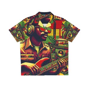 Hawaiian Shirt - Reggae Drum and Bass Rastafarian Colors front view at Rastaseed Rastafarian Reggae and Jamaican merchandise and apparel.