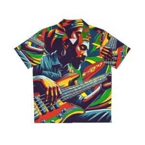 Hawaiian Shirt Rasta Reggae Bassline Design in Red Gold and Green front view. Psychadelic theme at Rastaseed Rastafarian Reggae Clothing and Apparel.