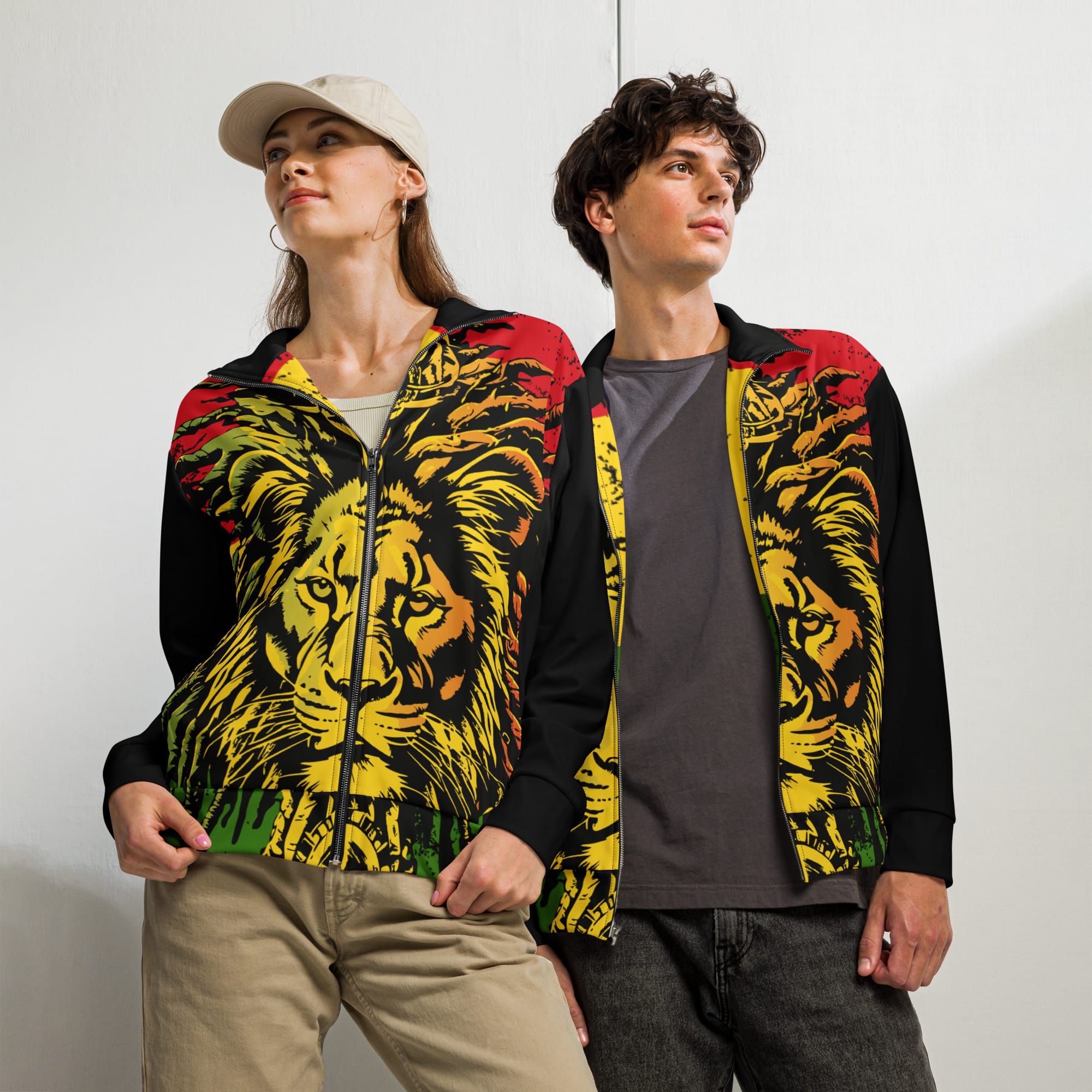 Rasta Lion of Judah Track Jacket model view in Rastafarian colors for men and women. Stand out in this dyamic design from Rastaseed Clothing Brand.