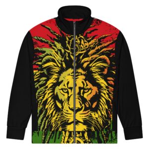 Rasta Lion of Judah Track Jacket front view in Rastafarian colors for men and women. Stand out in this dyamic design from Rastaseed Clothing Brand.