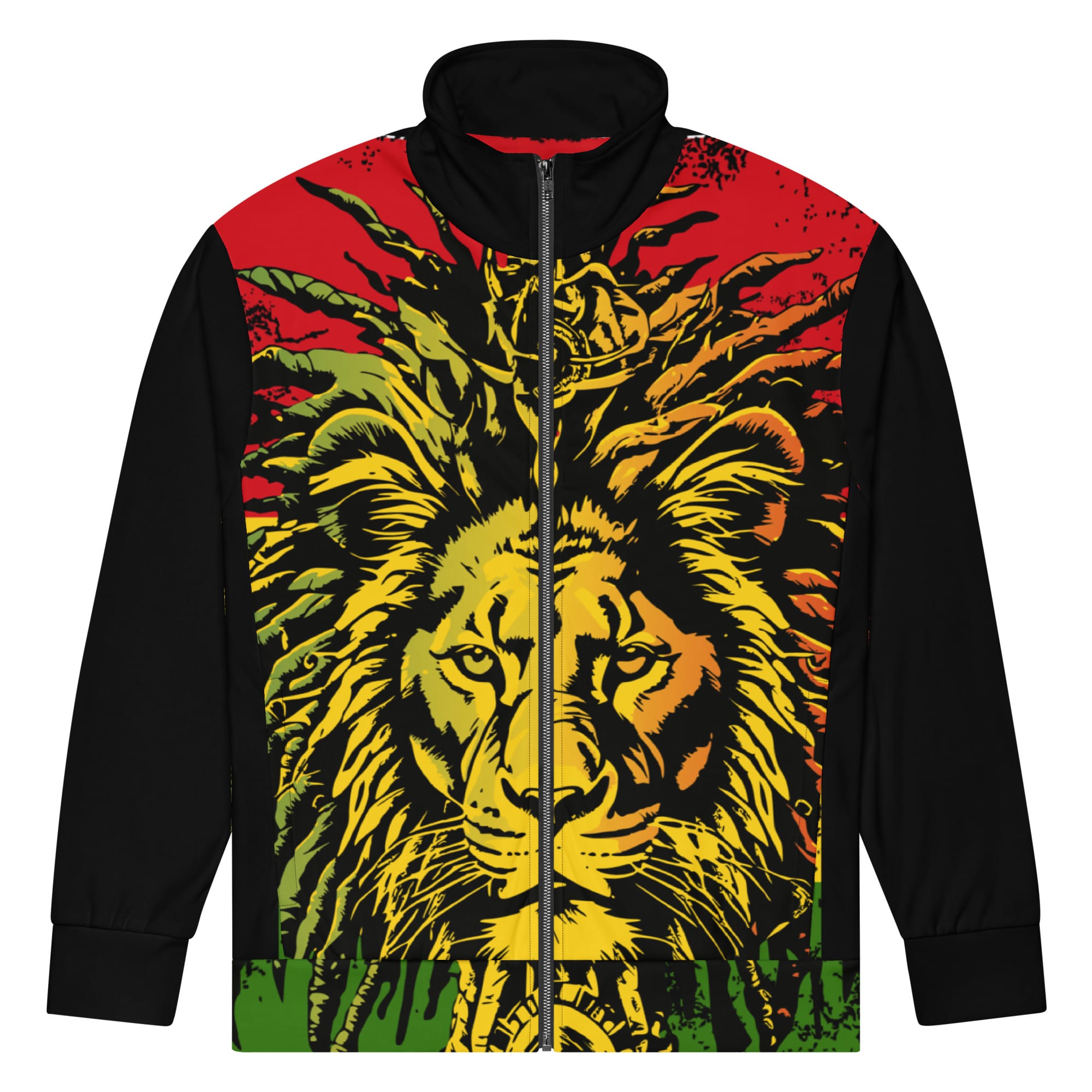 Rasta Lion of Judah Track Jacket front view in Rastafarian colors for men and women. Stand out in this dyamic design from Rastaseed Clothing Brand.