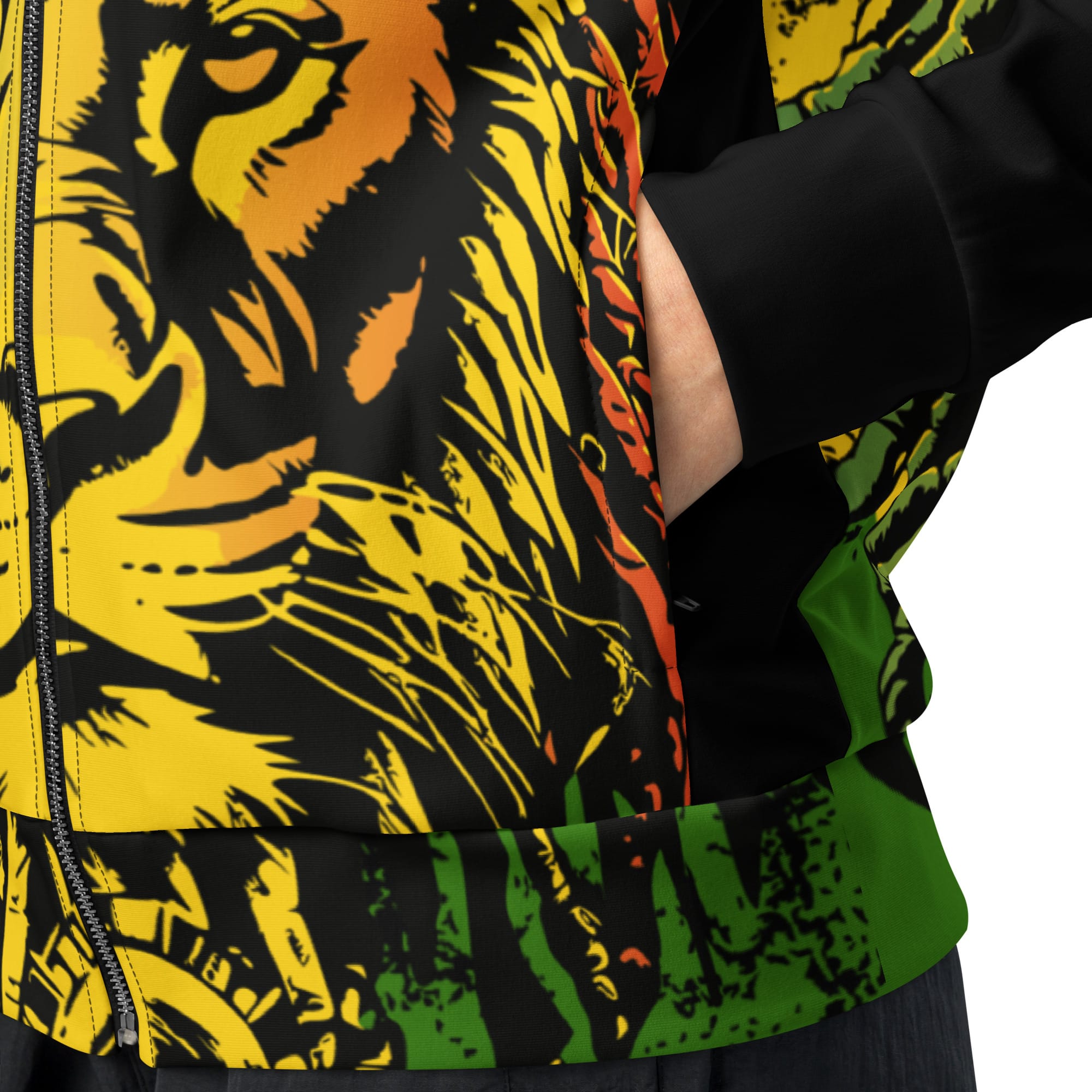 Rasta Lion of Judah Track Jacket close up view in Rastafarian colors for men and women. Stand out in this dyamic design from Rastaseed Clothing Brand.