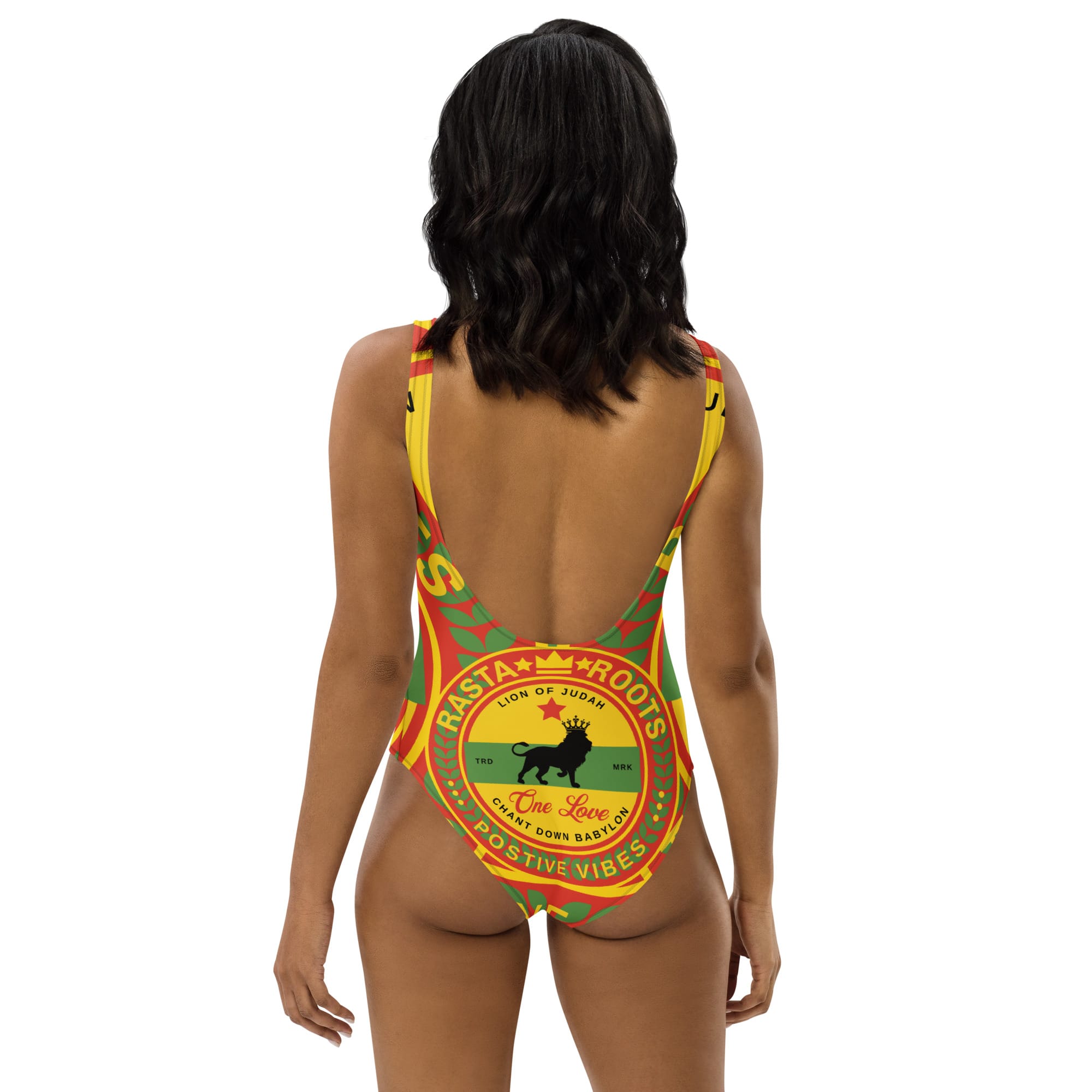Rasta Lion Swimsuit back view in red green and black. One love and Lion of Judah symbology. Reggae gear at Rastaseed.com clothing and merchandise.
