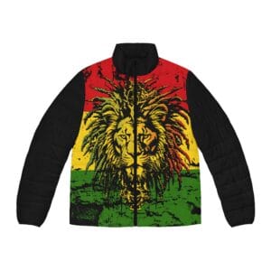 Llion of Judah Rasta puffer jacket in red gold green and black. Rastaseed Rastafarian Jamaican and Reggae merchandise and clothing.