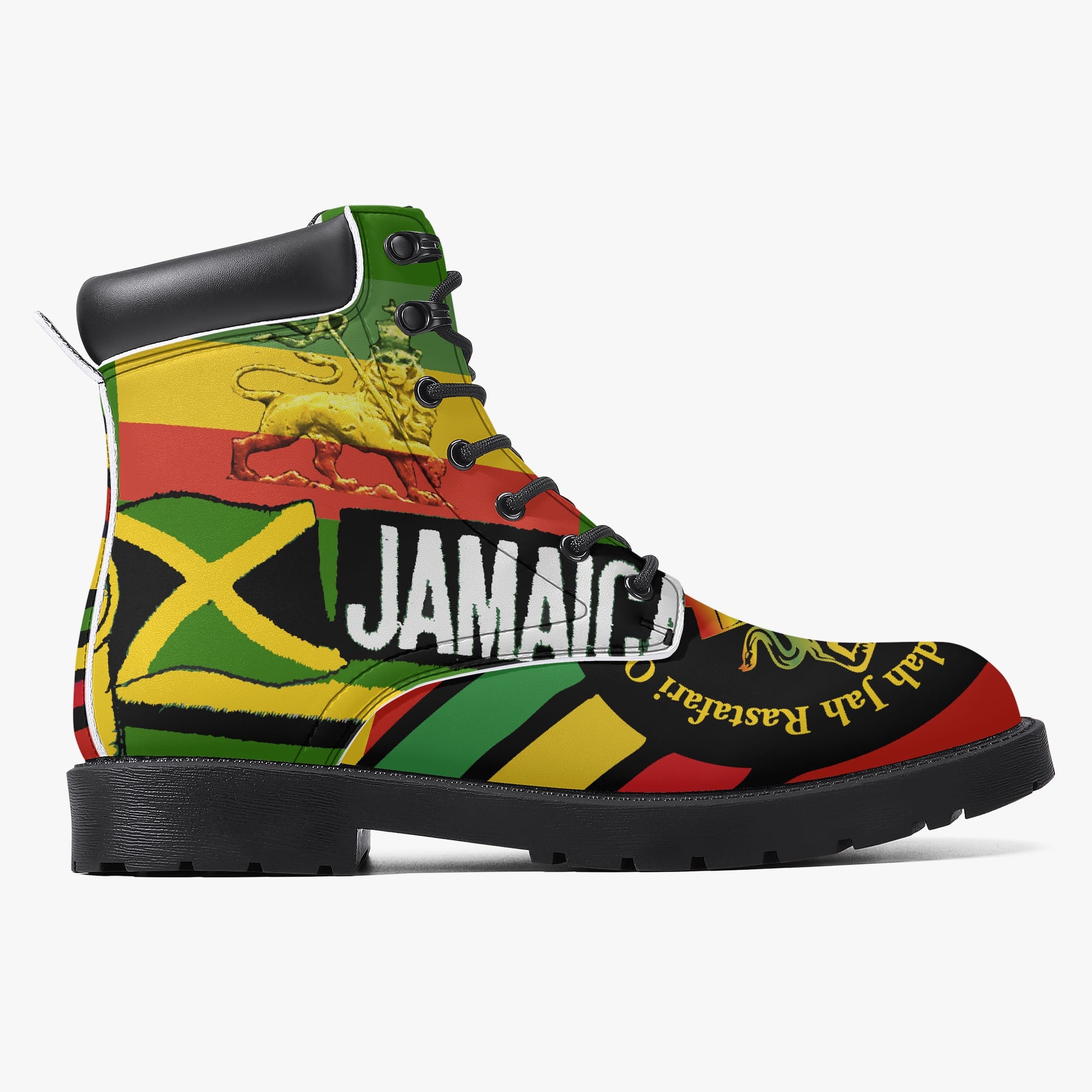 Rasta Reggae Stepper Boots in funky colors and design. Rastafarian, Lion of Judah and Jamaican Symbology. Original Reggae footwear at Rastaseed.com. Right boot outside view