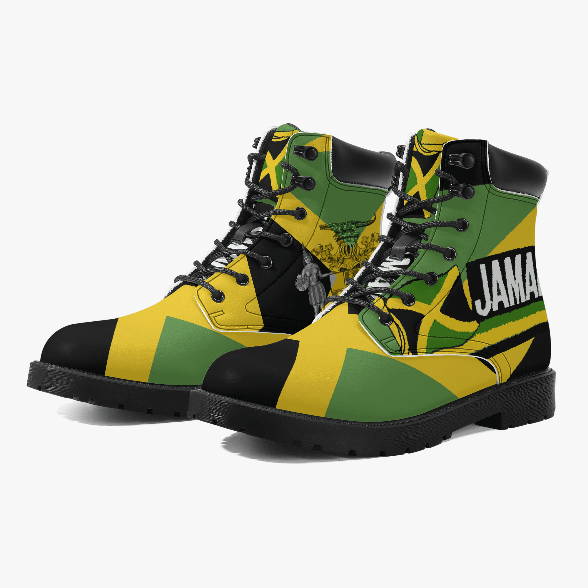 Jamaica Flag Out of Many One People Leather Boots. Unisex casual leather boot. Jamaican pride with flag and coat of arms. Rastasseed Merchandise.. Front side view.