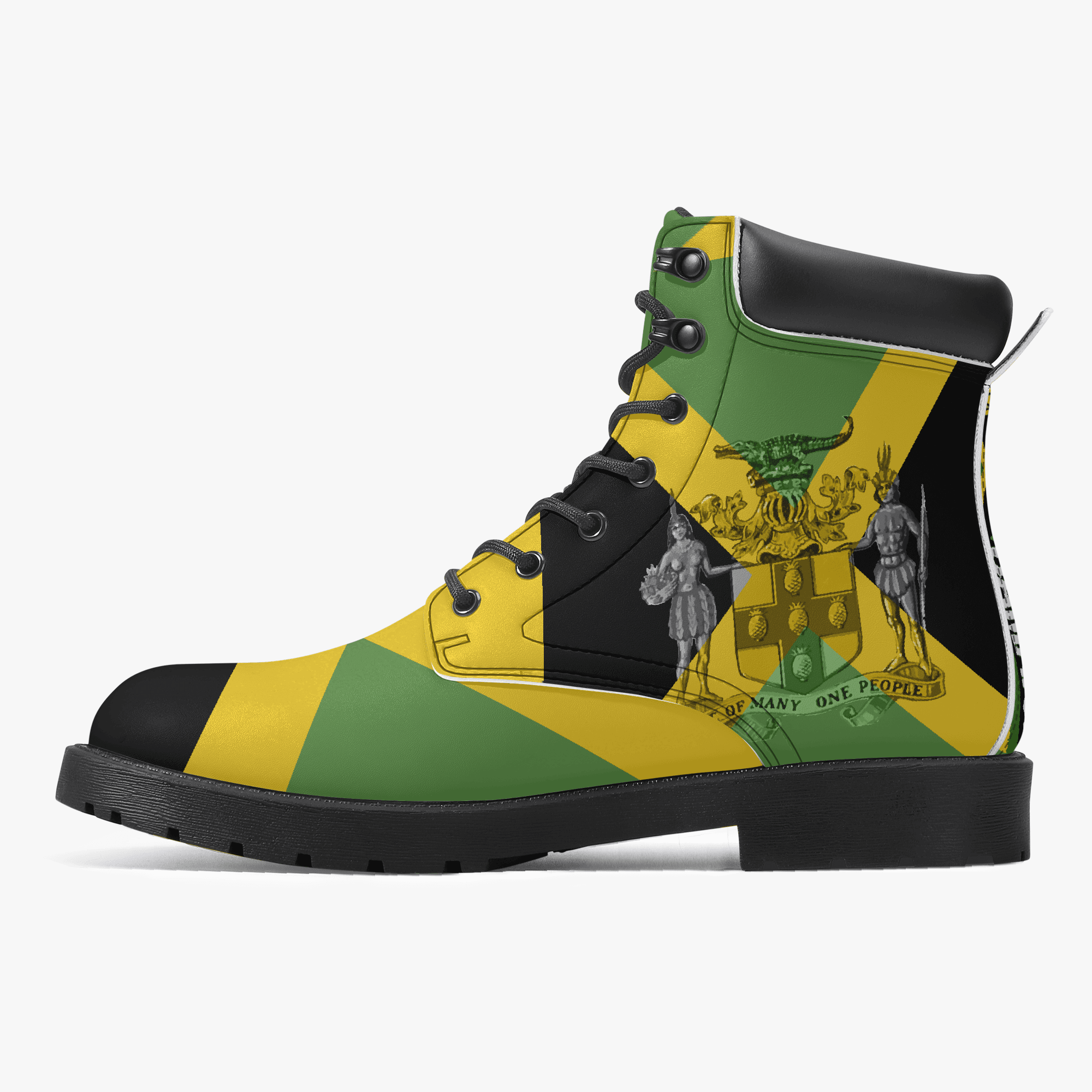 Jamaica Flag Out of Many One People Leather Boots. Unisex casual leather boot. Jamaican pride with flag and coat of arms. Rastasseed Merchandise. right inside view boots.