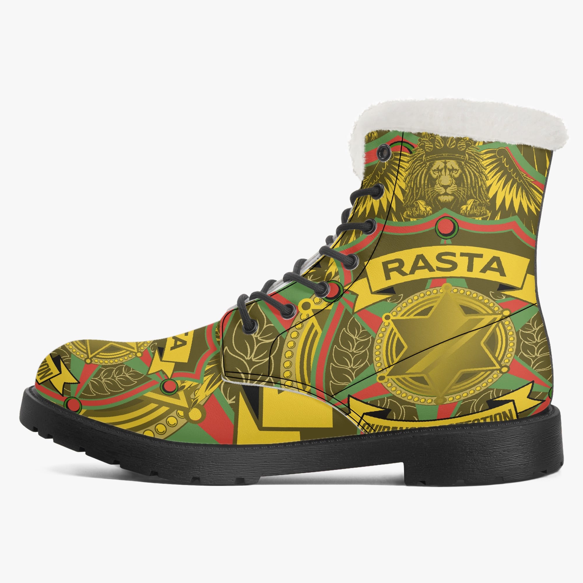 Rasta Soldiers of Jah Army boots. Unisex style made from Leather with faux fur lining and non-slip sole. Rastaseed Boot collection. Jamaican Reggae styles.Left outside view