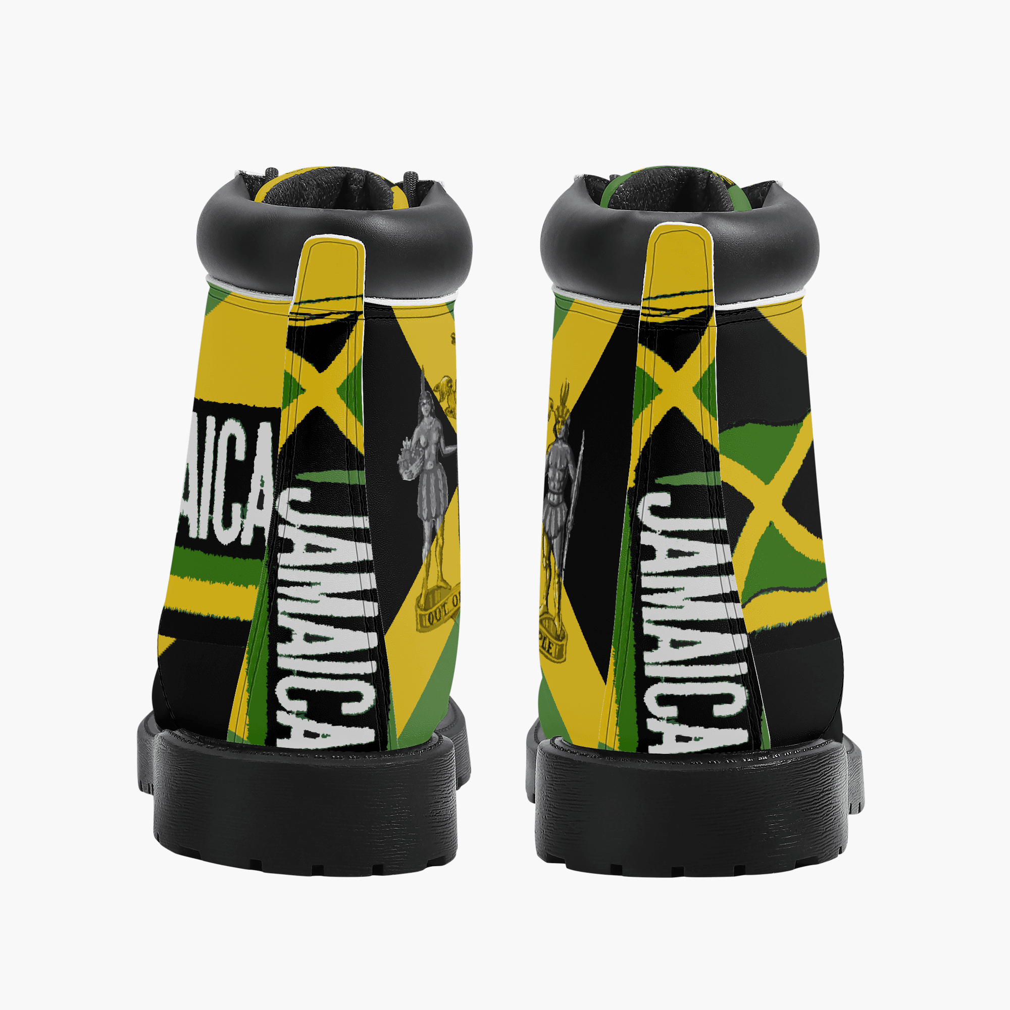 Jamaica Flag Out of Many One People Leather Boots. Unisex casual leather boot. Jamaican pride with flag and coat of arms. Rastasseed Merchandise. Boots back view.
